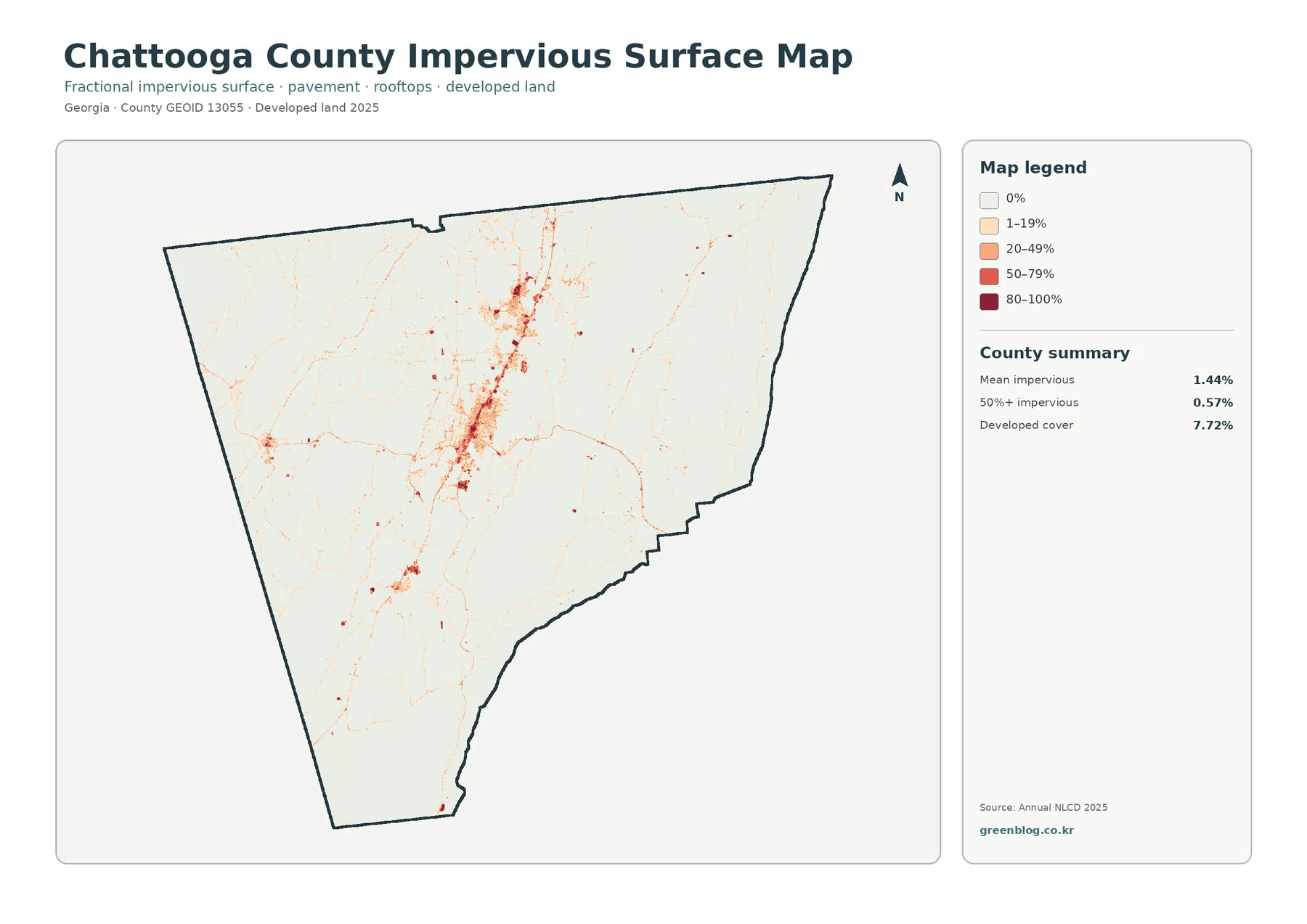 Chattooga County 불투수·개발지 지도