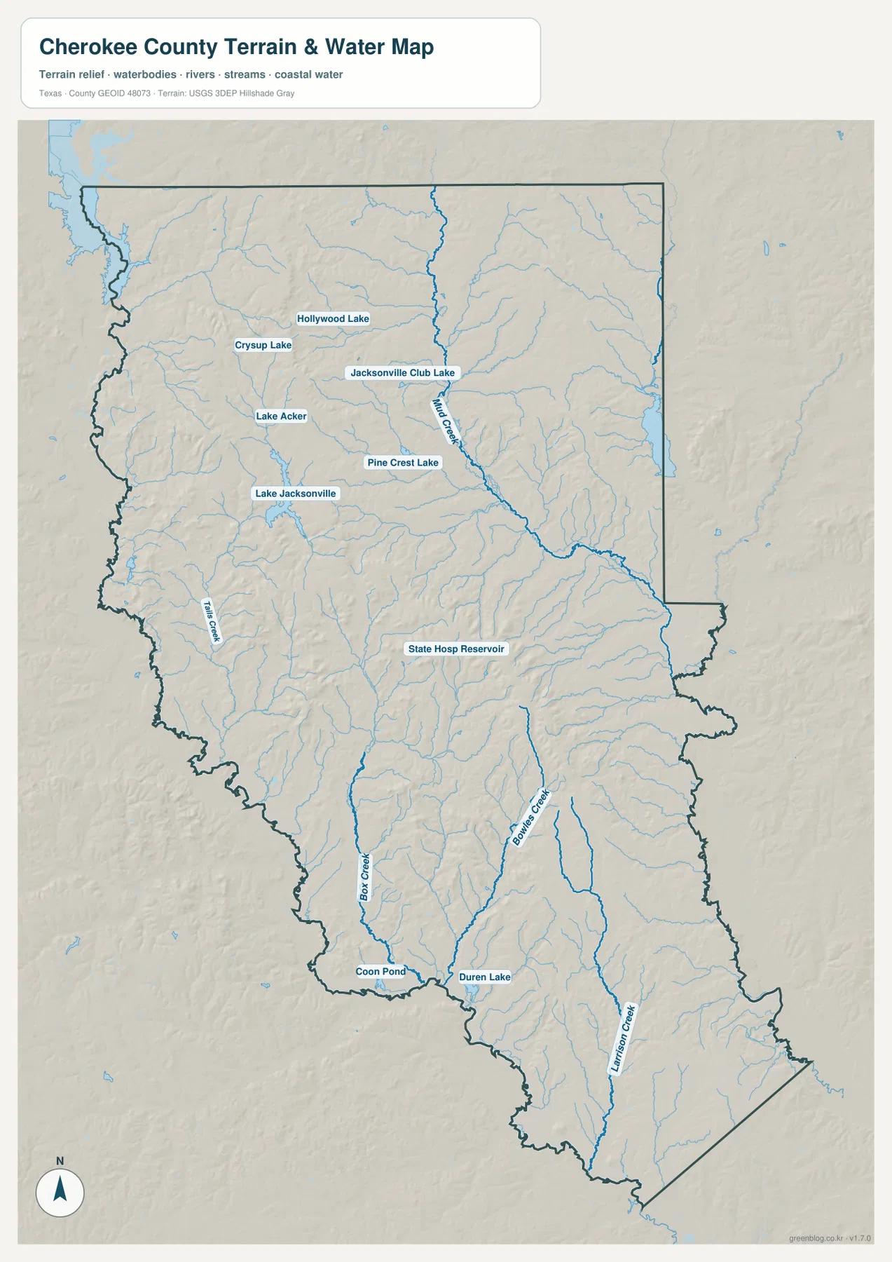 Lake Jacksonville, Mud Creek, Box Creek, Bowles Creek와 여러 호수를 표시한 체로키 카운티 수역 지도