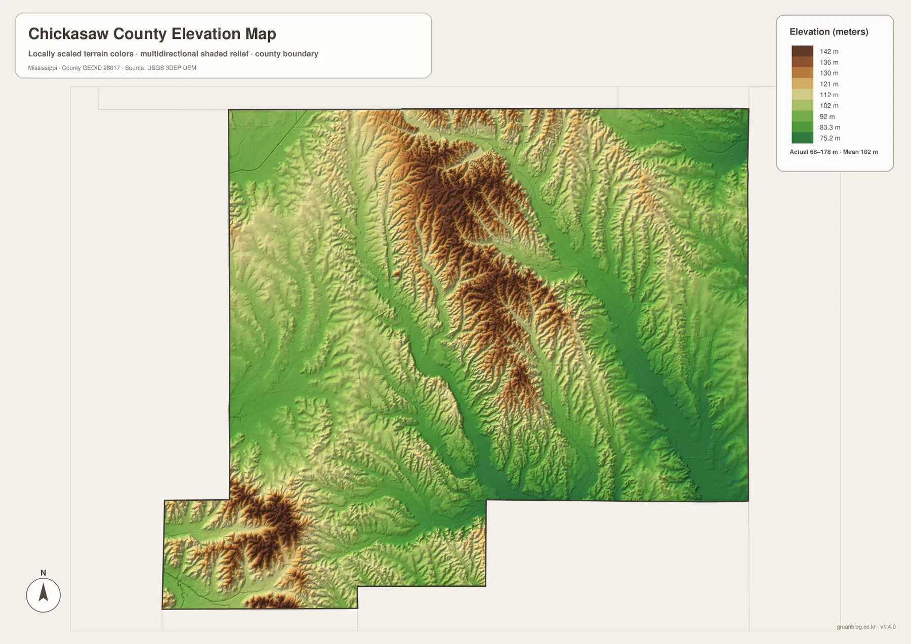 Chickasaw County Mississippi elevation map showing an actual range of about 68 to 178 meters and mean elevation of 102 meters