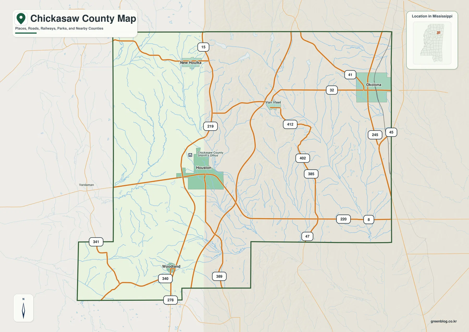 Chickasaw County Mississippi map showing Houston, Okolona, New Houlka, Woodland, roads, streams, and the county boundary