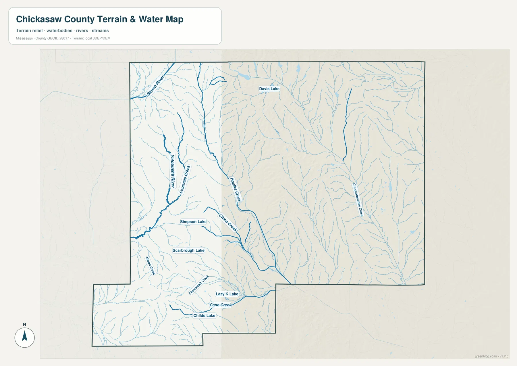 Chickasaw County terrain and water map showing Yalobusha River, Skuna River, Davis Lake, Simpson Lake, Scarborough Lake, and smaller streams