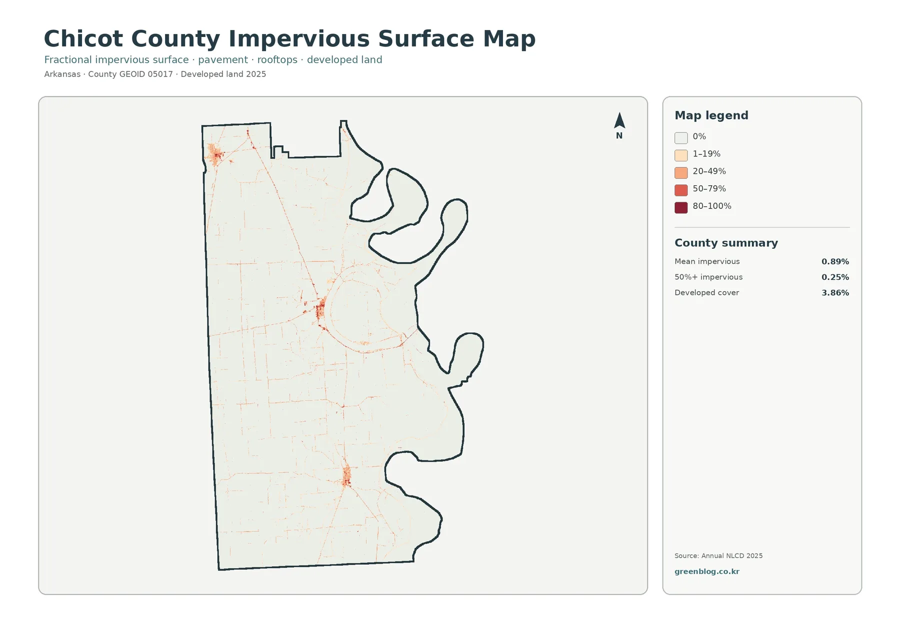 Chicot County impervious surface and developed land map