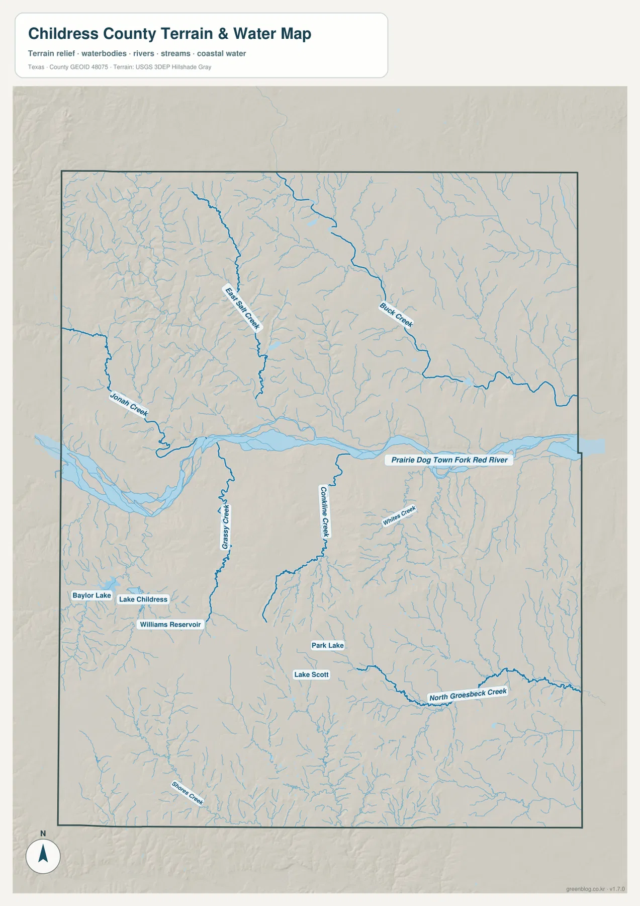 Prairie Dog Town Fork Red River, Jonah Creek, Birch Creek, Lake Childress와 여러 수역을 표시한 칠드레스 카운티 지도