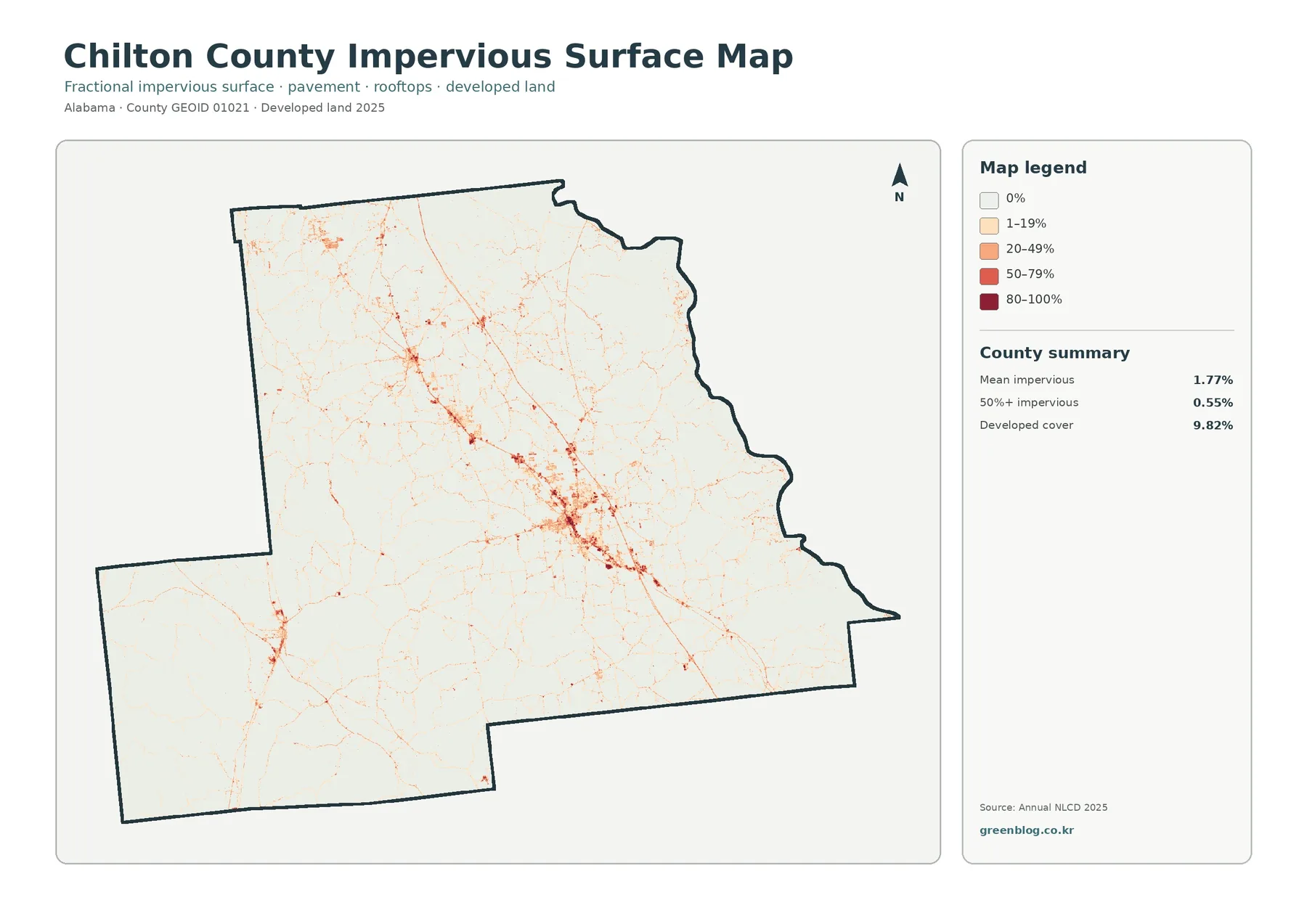 Chilton County impervious surface and developed land map
