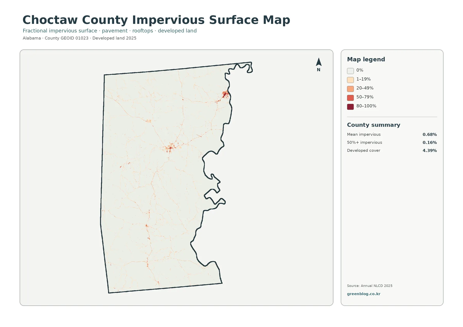 Choctaw County impervious surface and developed land map