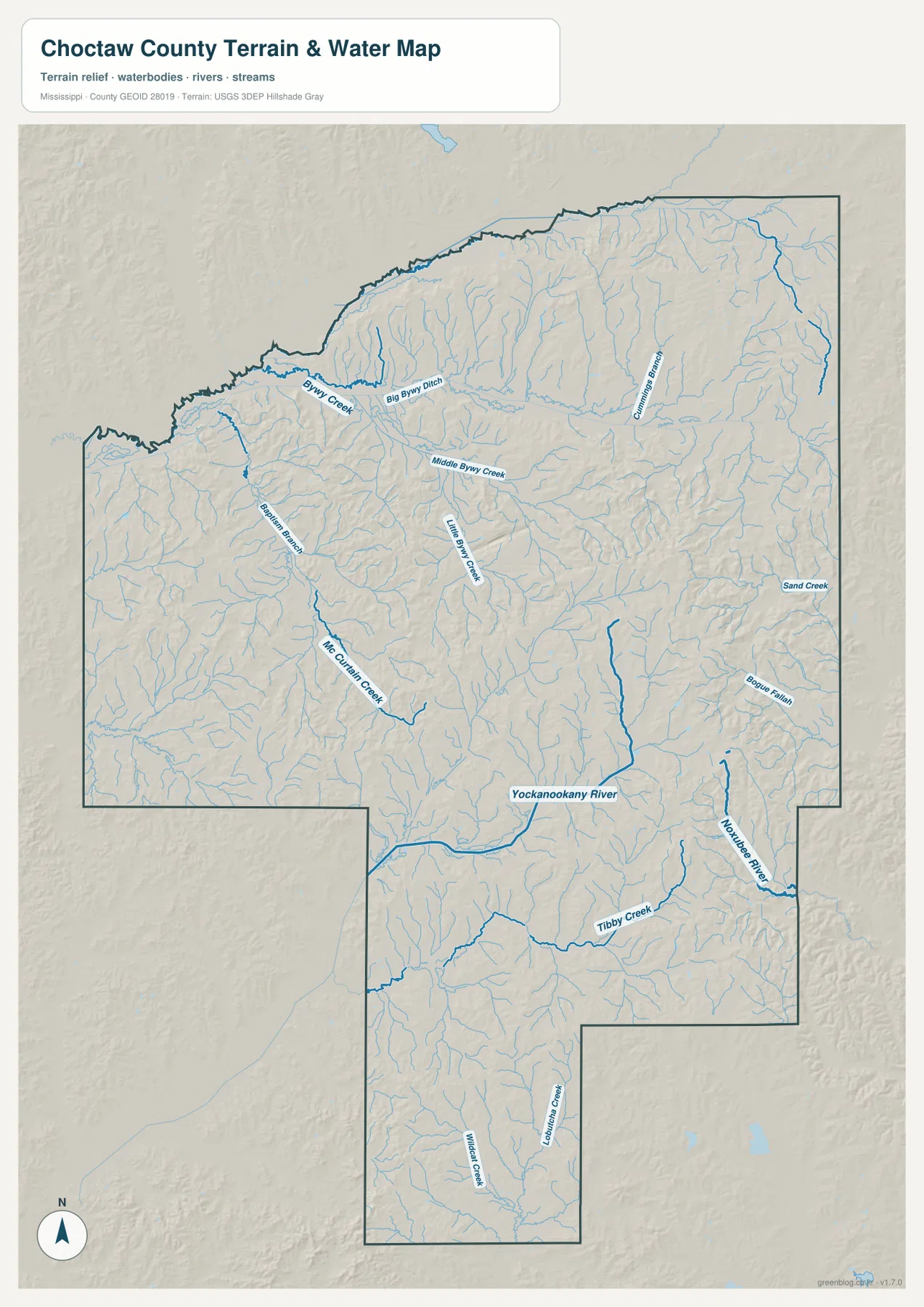 Yockanookany River, Noxubee River, Big Bywy Ditch, Tibby Creek 등 촉토 카운티의 하천과 골짜기를 표시한 수역 지도