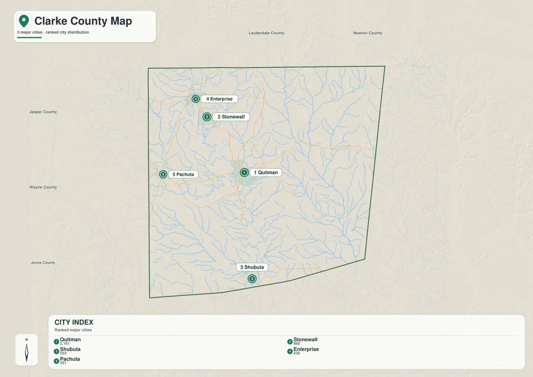 Clarke County city map showing Quitman, Stonewall, Shubuta, Enterprise and Pachuta