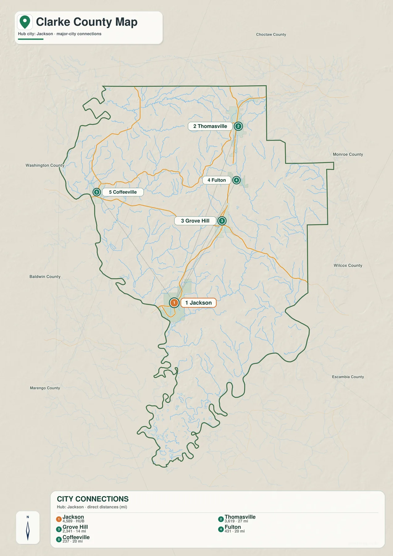 클라크 카운티 Jackson Grove Hill Thomasville Fulton Coffeeville 도시 지도