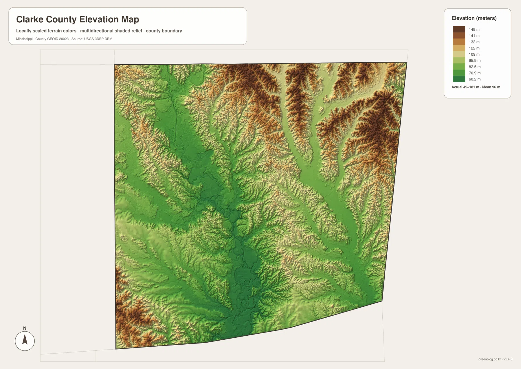 Clarke County Mississippi elevation map showing 49 to 181 meter ridges and lower river valleys