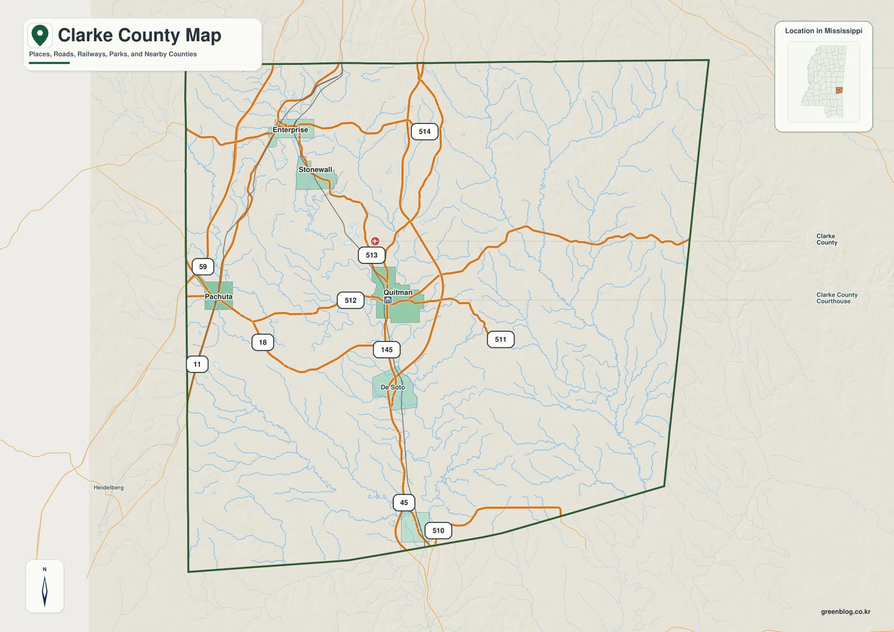 Clarke County Mississippi road map showing Quitman, Enterprise, Stonewall, Pachuta, Shubuta, I-59 and US 45