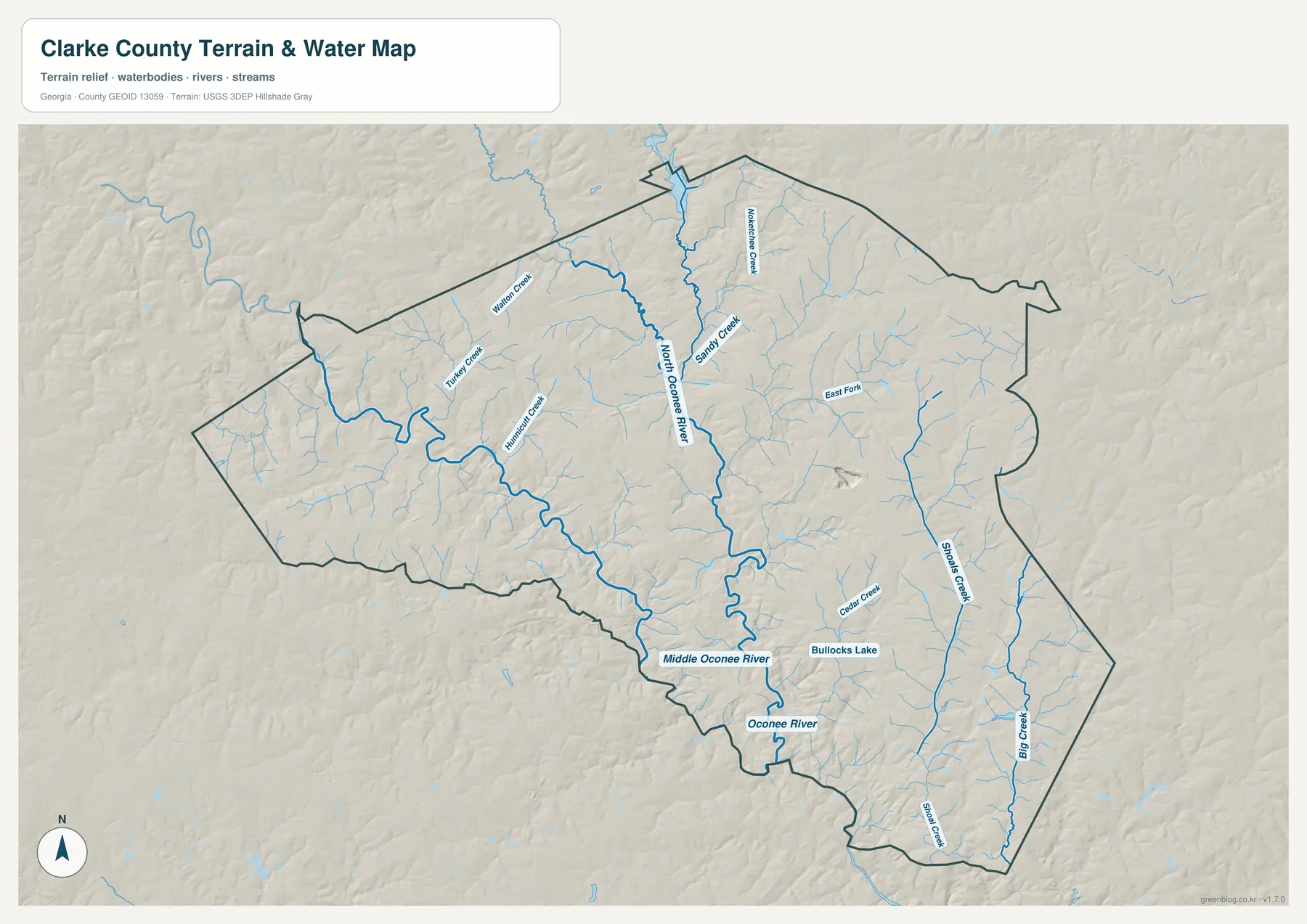 클라크 카운티 수역 지도에서 North Oconee River와 Middle Oconee River, 주요 지류를 표시한 모습