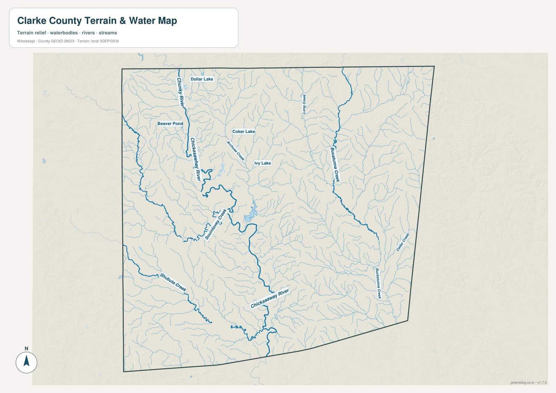 Clarke County terrain and water map showing Chunky River, Chickasawhay River, Shubuta Creek, Buckatunna Creek and lakes