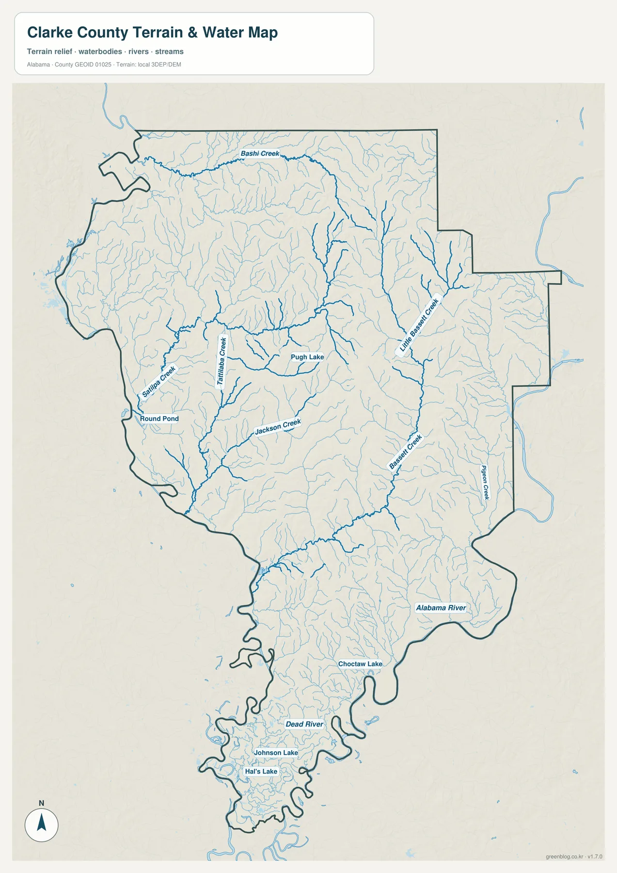 클라크 카운티 Bashi Creek Satilpa Creek Alabama River 수역 지도