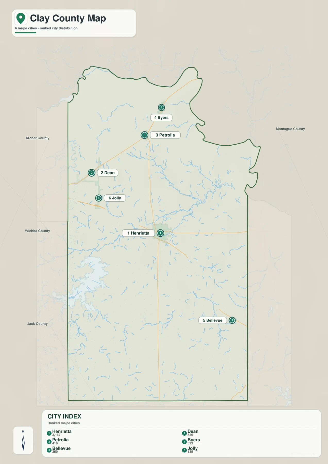 Ranked Clay County city map showing Henrietta, Dean, Petrolia, Byers, Bellevue, and Jolly