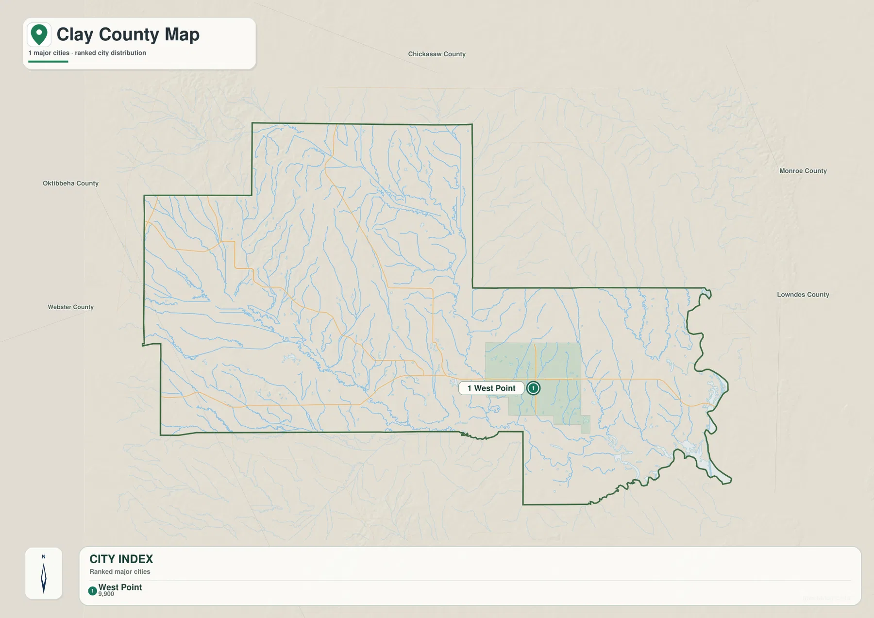 Clay County Mississippi city map showing West Point and neighboring counties