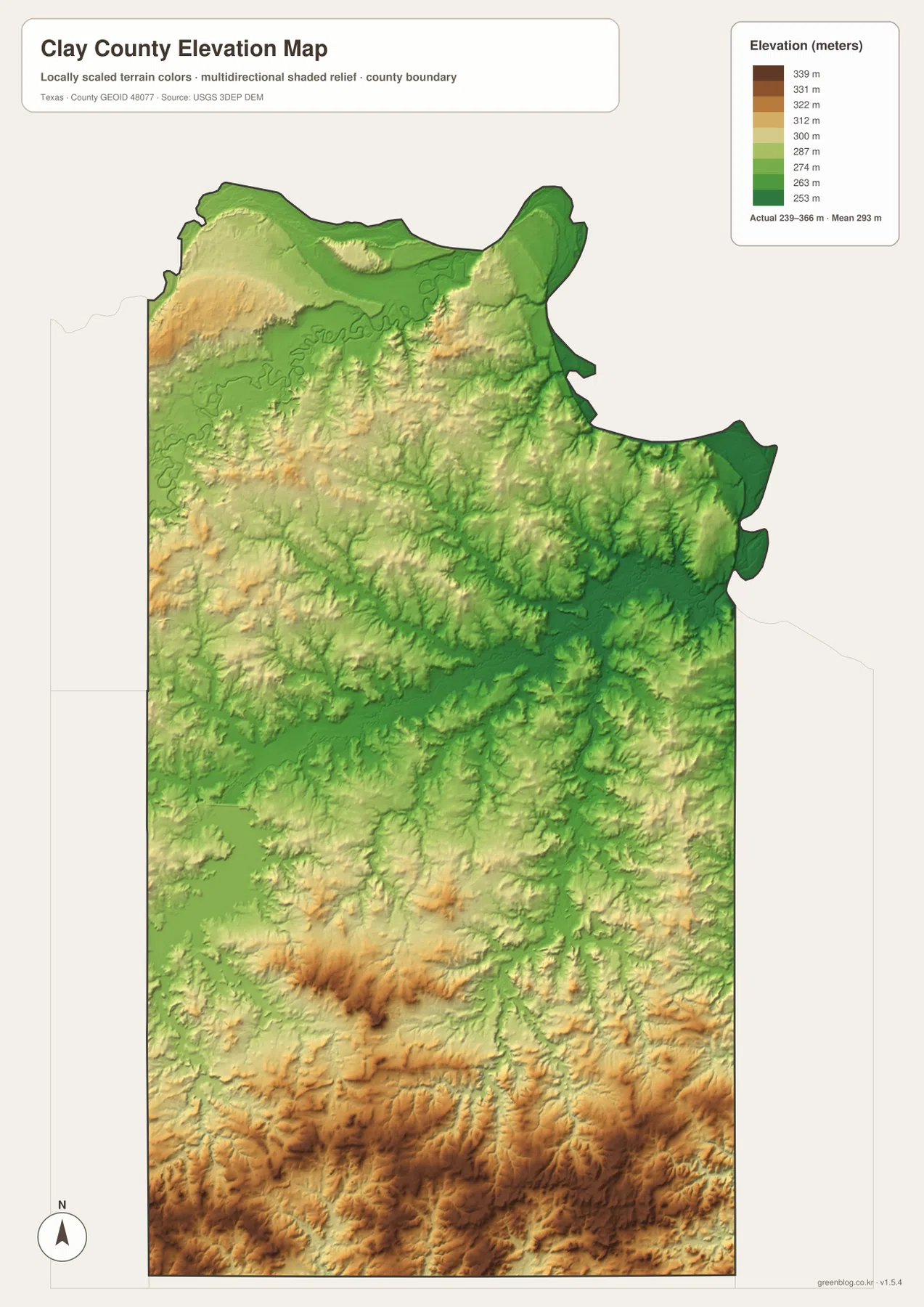 Clay County elevation map showing an actual range of about 239 to 366 meters and a mean near 293 meters