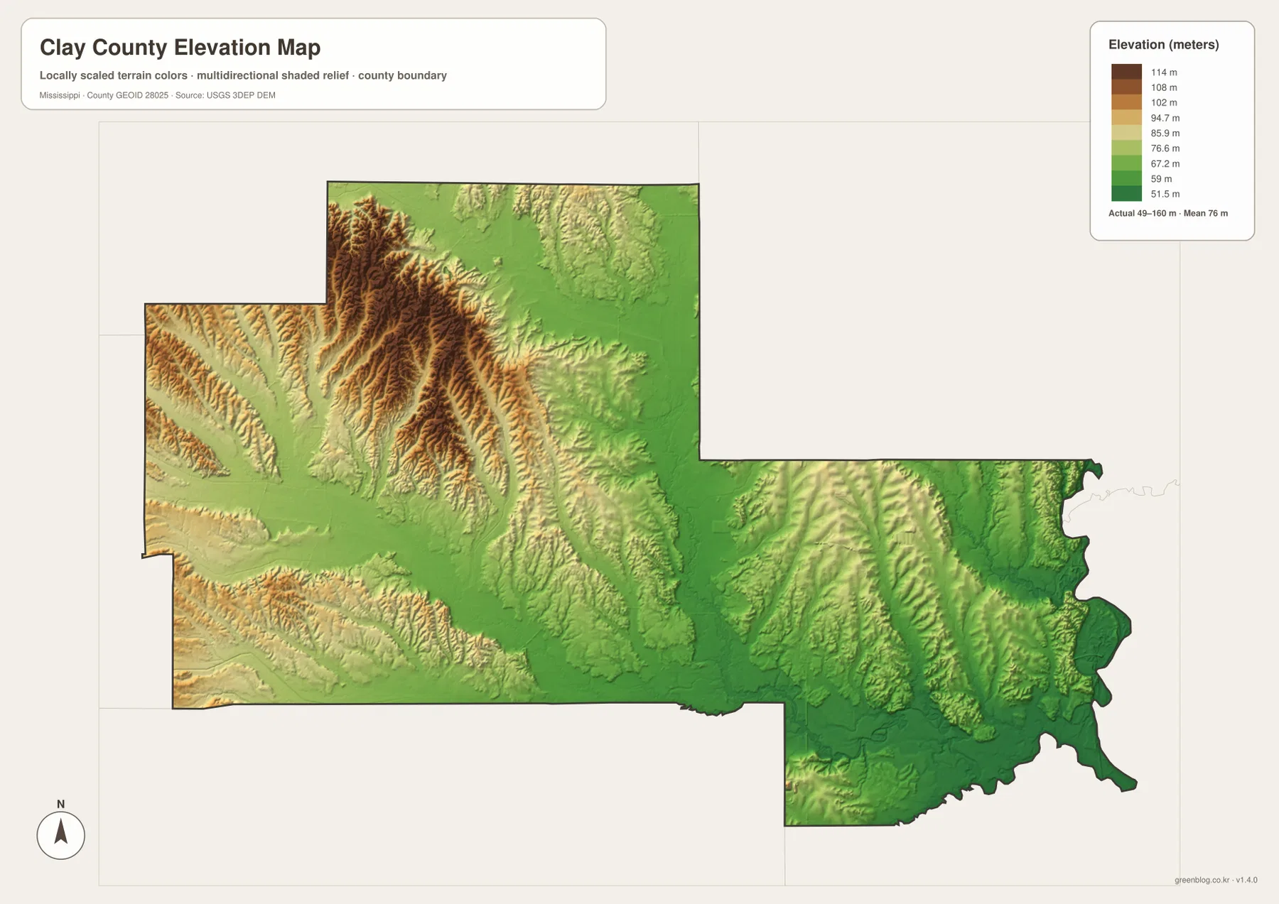Clay County Mississippi elevation map showing 49 to 160 meter terrain, western ridges, and lower eastern river land