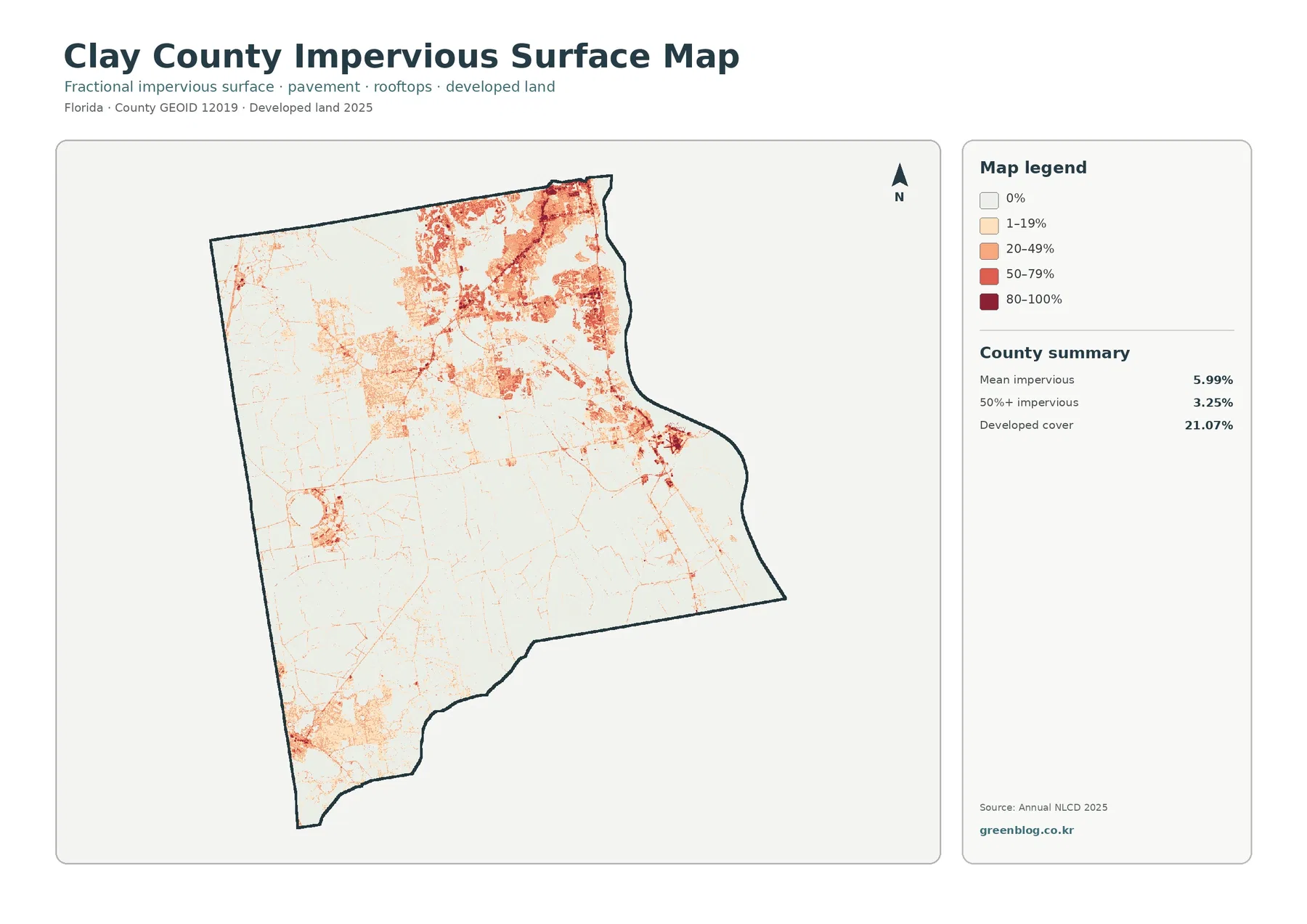 Clay County impervious surface and developed land map