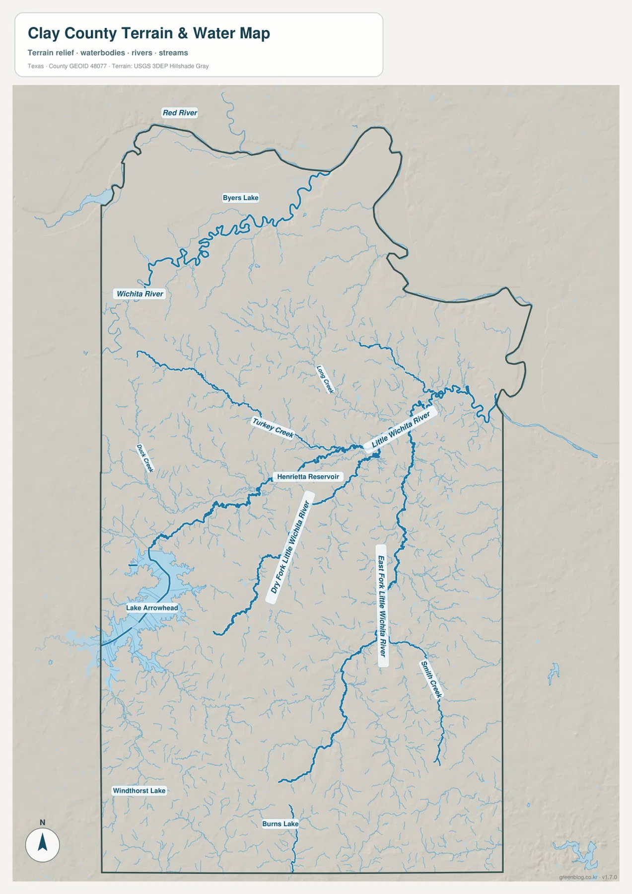 Clay County terrain and water map showing Red River, Wichita River, Little Wichita River, Turkey Creek, Long Creek, Lake Arrowhead, and reservoirs