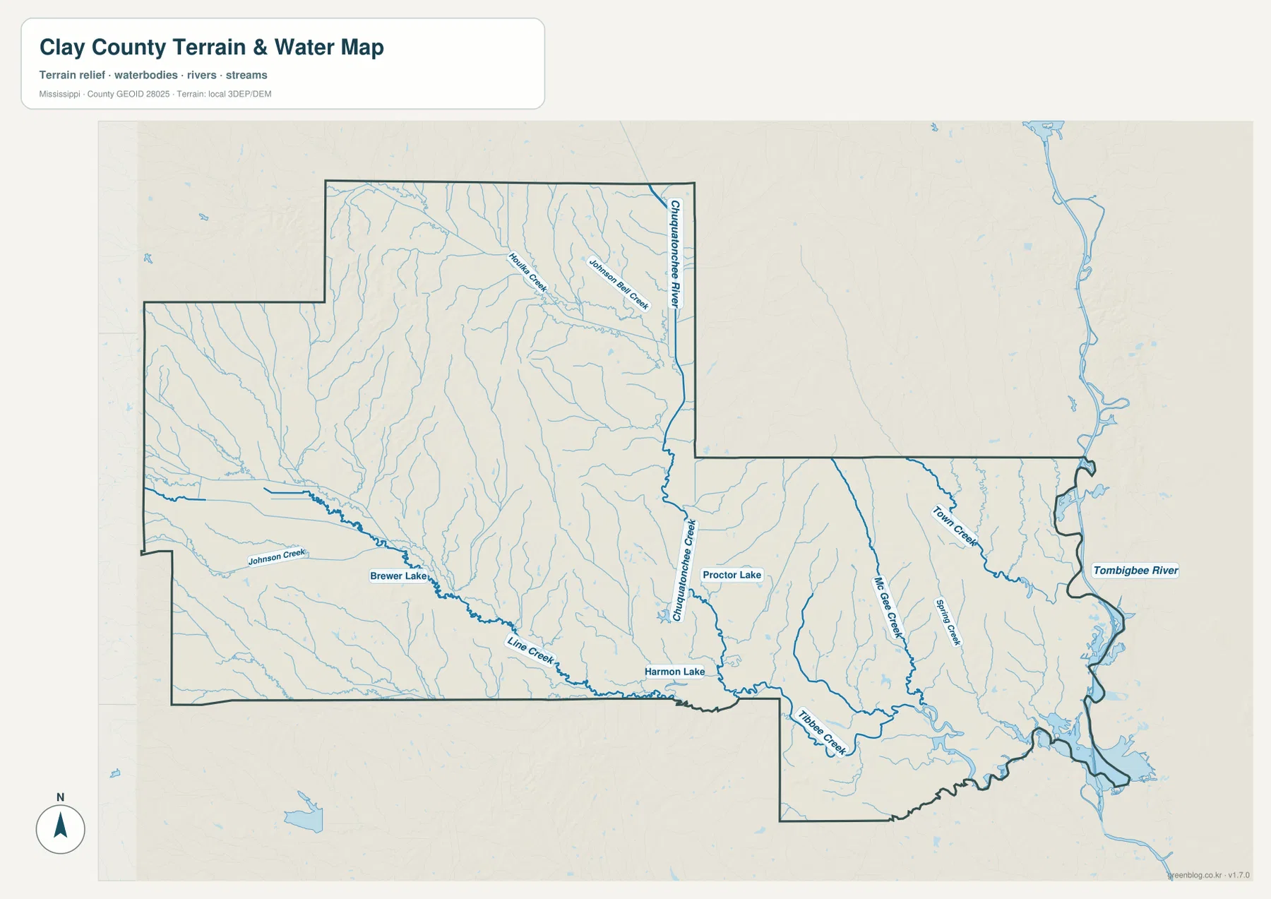 Clay County Mississippi water map with Tombigbee River, Chuquatonchee River, Tibbee Creek, Brewer Lake, and Proctor Lake