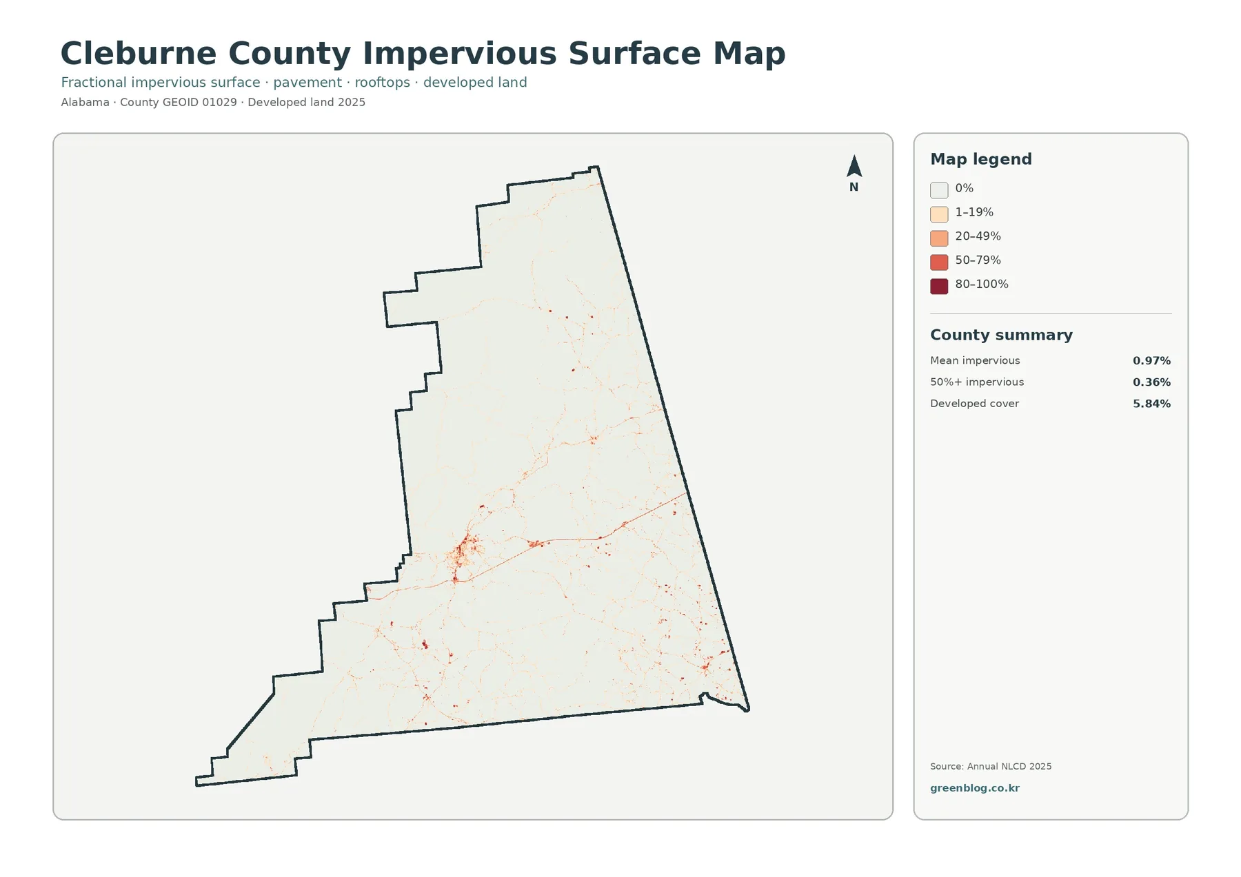 Cleburne County impervious surface and developed land map