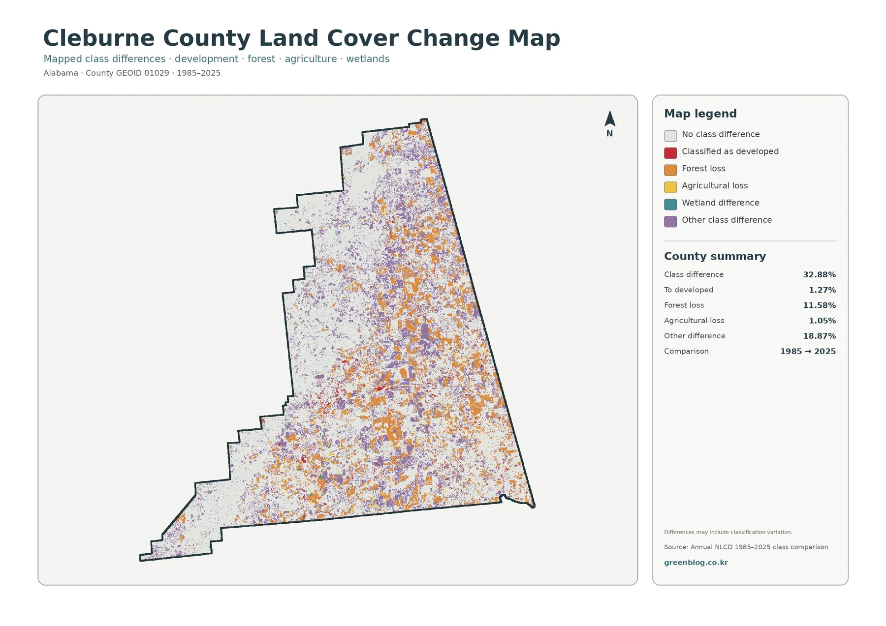 Cleburne County land cover change map