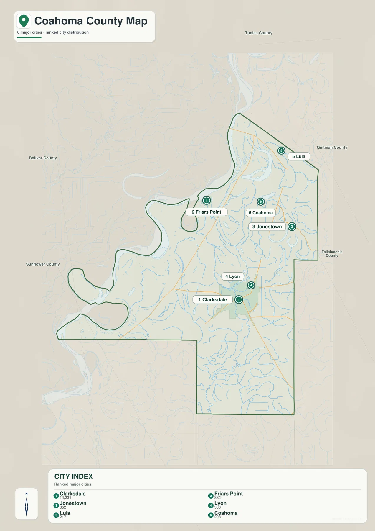 Coahoma County city map with Clarksdale, Friars Point, Jonestown, Lyon, Lula, and Coahoma