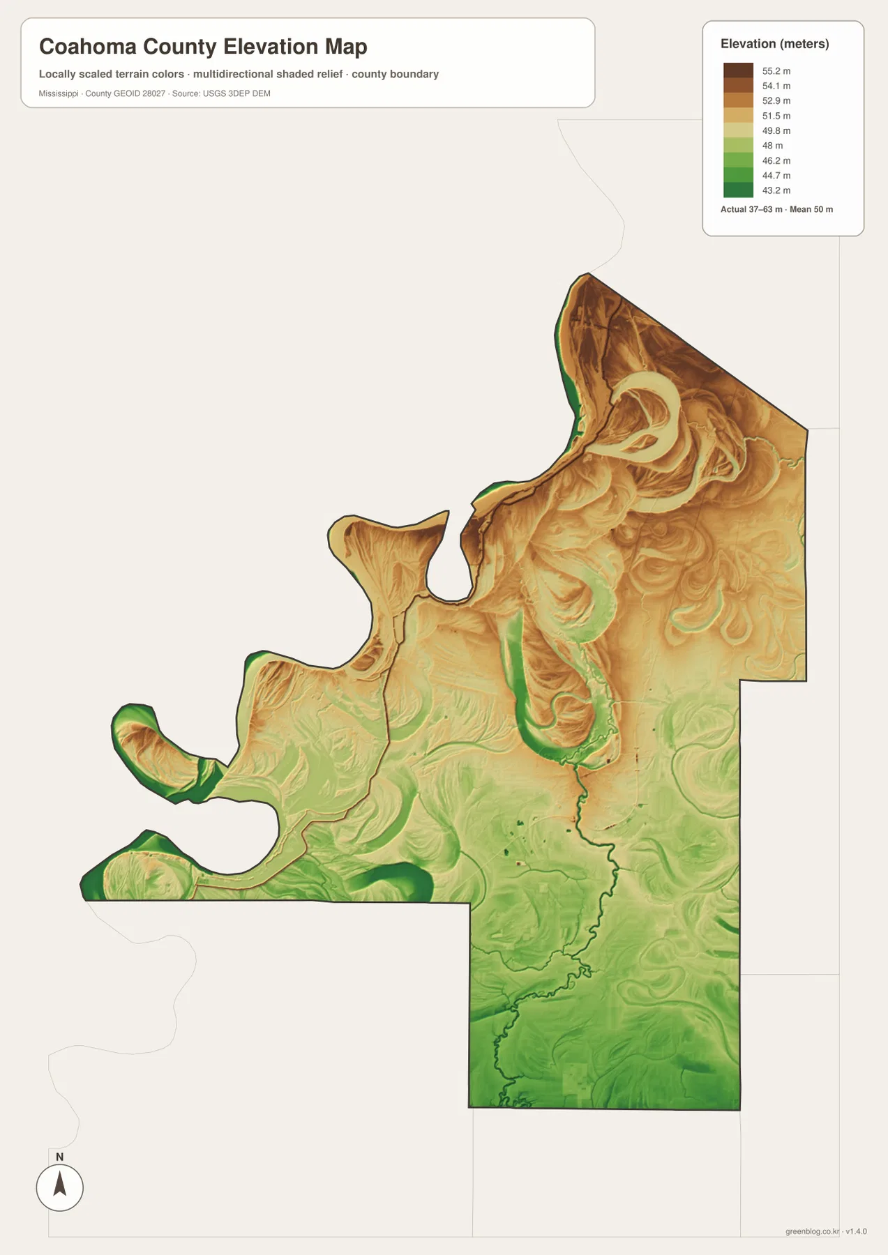 Coahoma County elevation map showing approximately 37 to 63 meters and a mean near 50 meters
