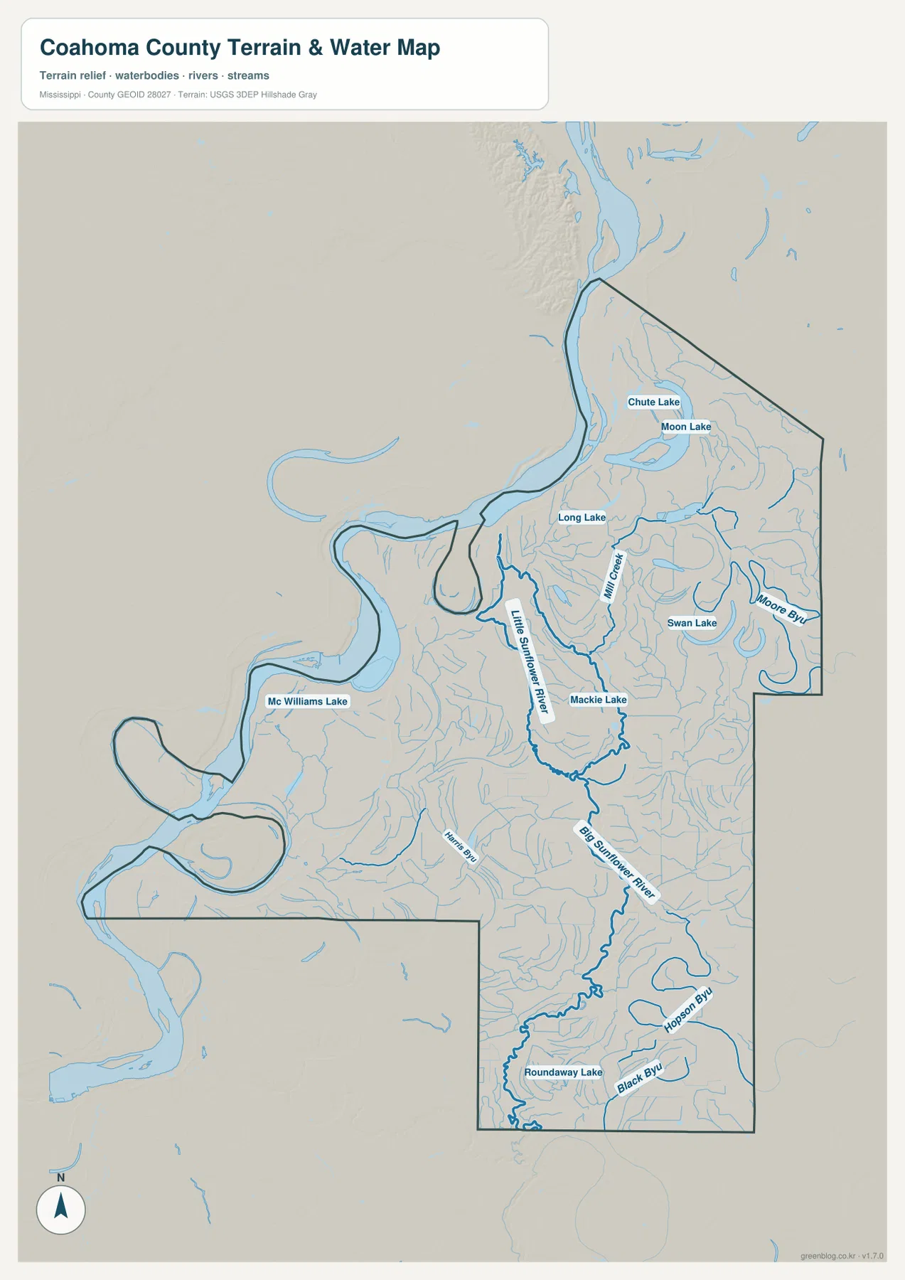 Coahoma County water map showing the Mississippi River, Moon Lake, Little Sunflower River, and Big Sunflower River