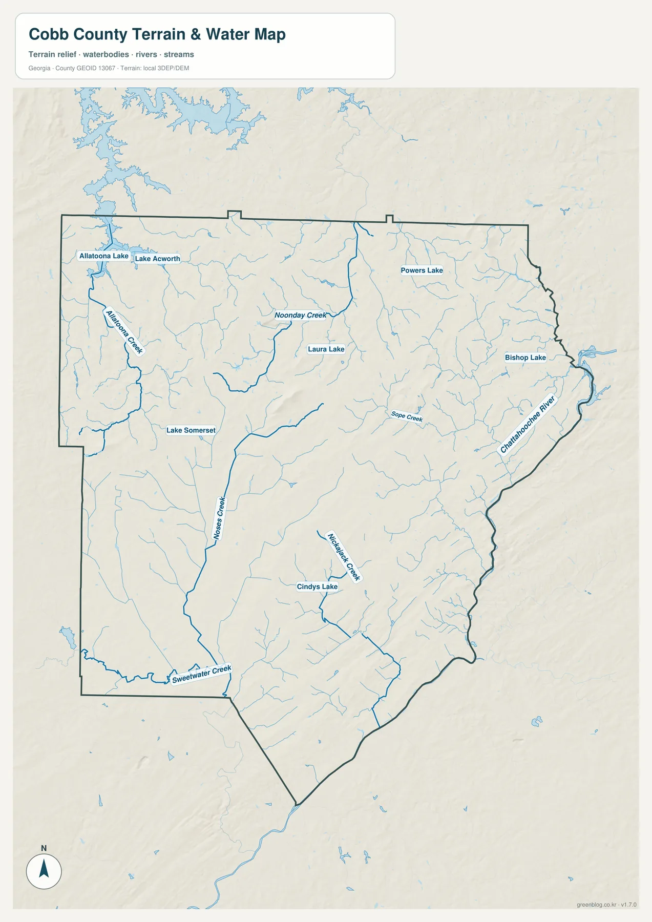 코브 카운티의 앨라투나호, 채터후치강, Noonday Creek, Sope Creek, Sweetwater Creek와 여러 호수를 표시한 수역 지도