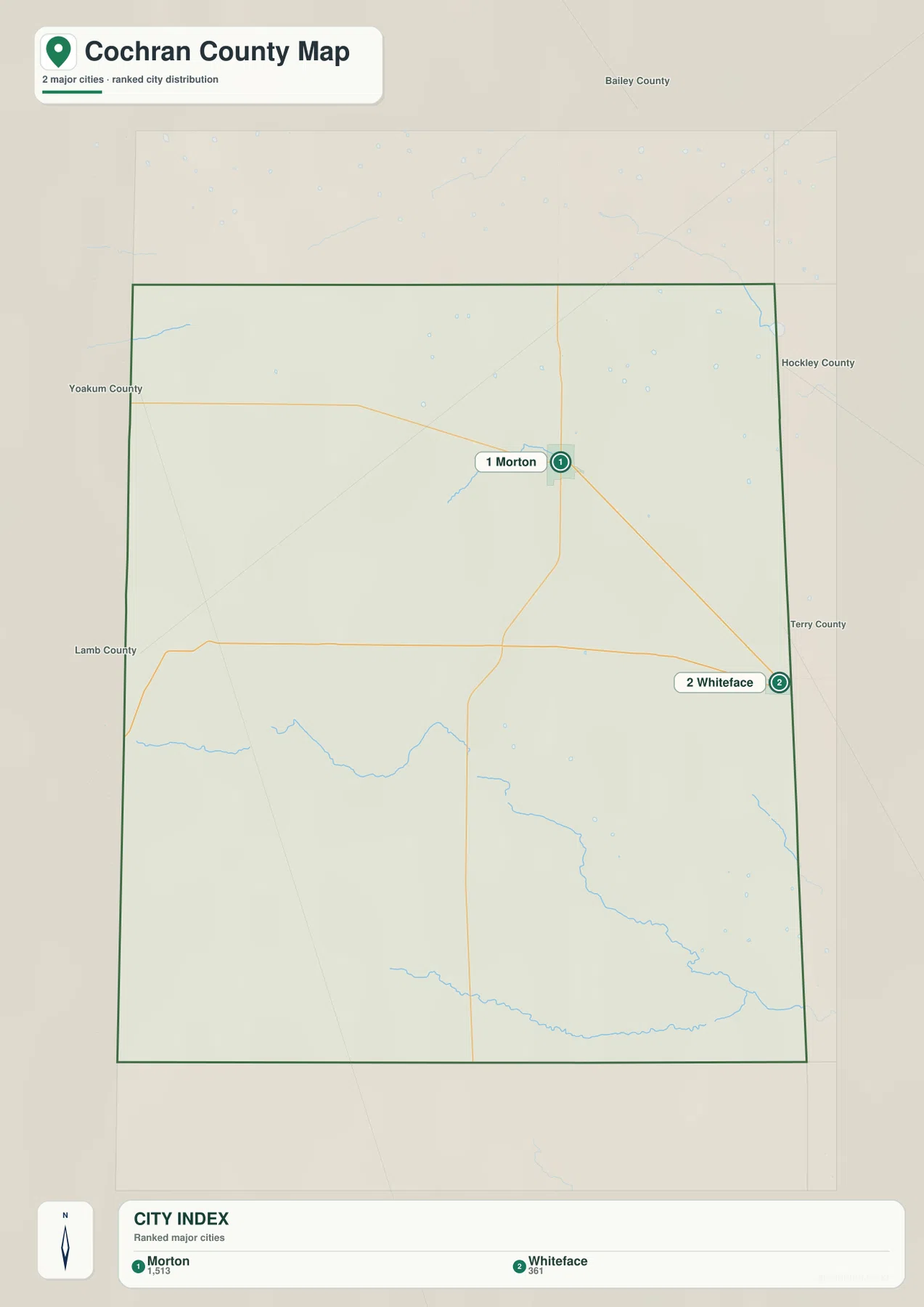 Cochran County ranked city map showing Morton and Whiteface with city index values