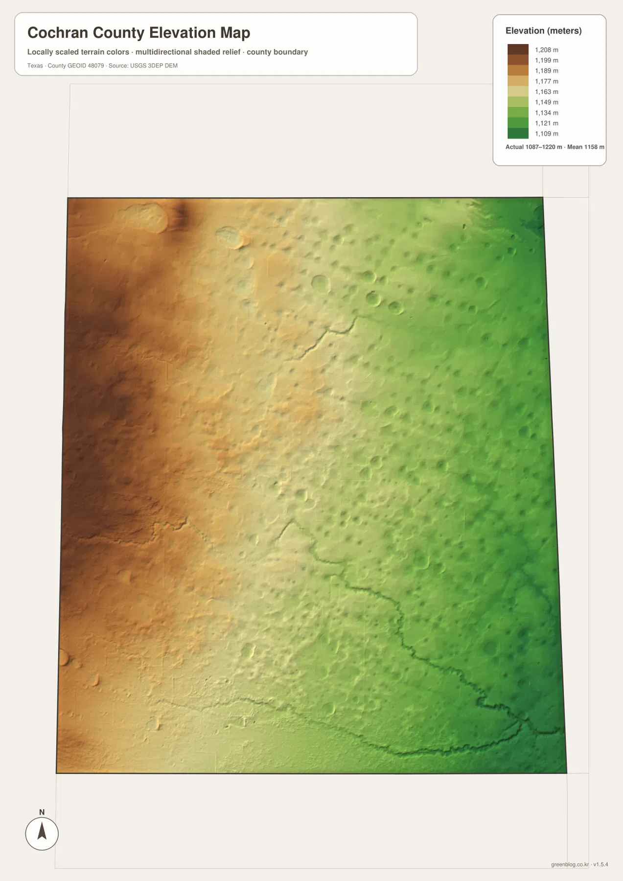 Cochran County elevation map showing an actual range of about 1087 to 1220 meters and a mean near 1158 meters