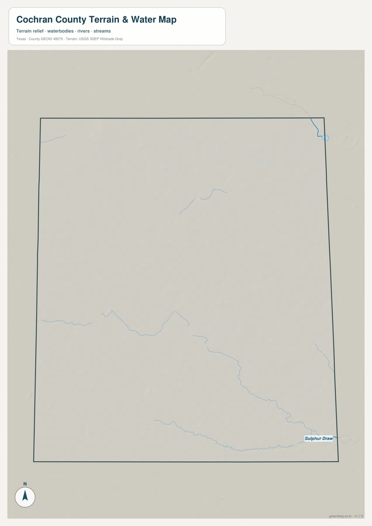 Cochran County terrain and water map showing Sulphur Draw and several small drainage lines