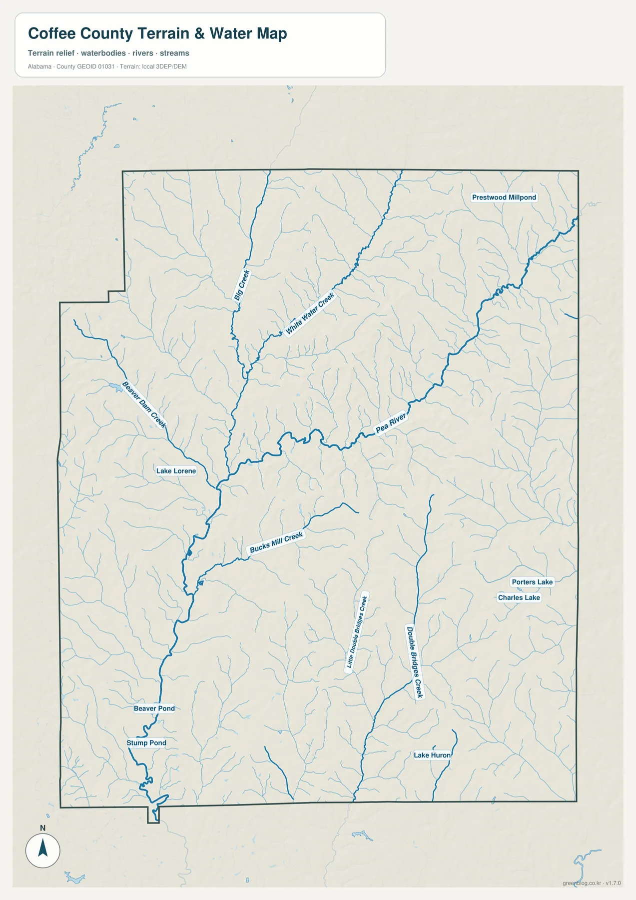 Coffee County Pea River Whitewater Creek Big Creek 호수 수역 지도
