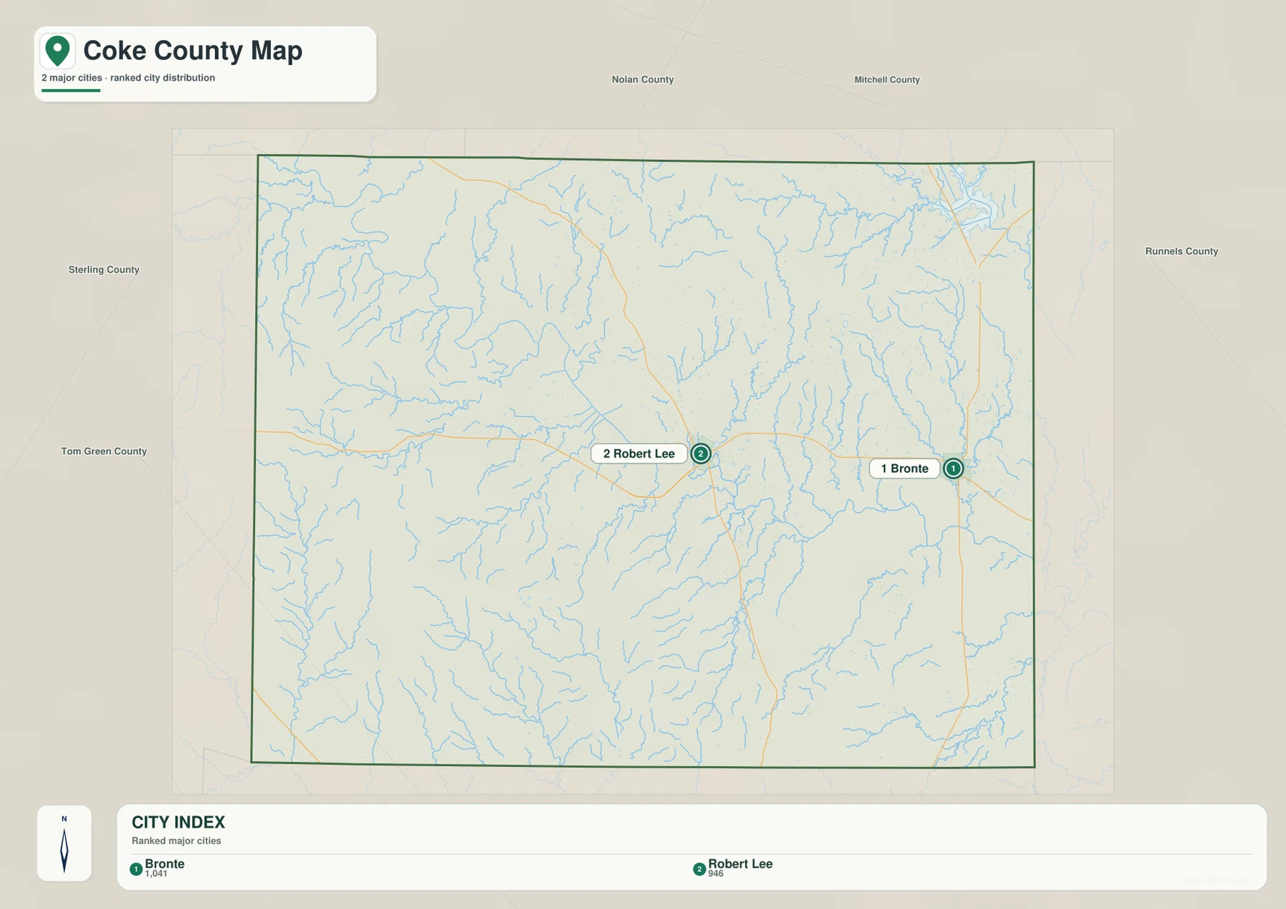 Ranked Coke County city map showing Bronte at 1041 and Robert Lee at 946