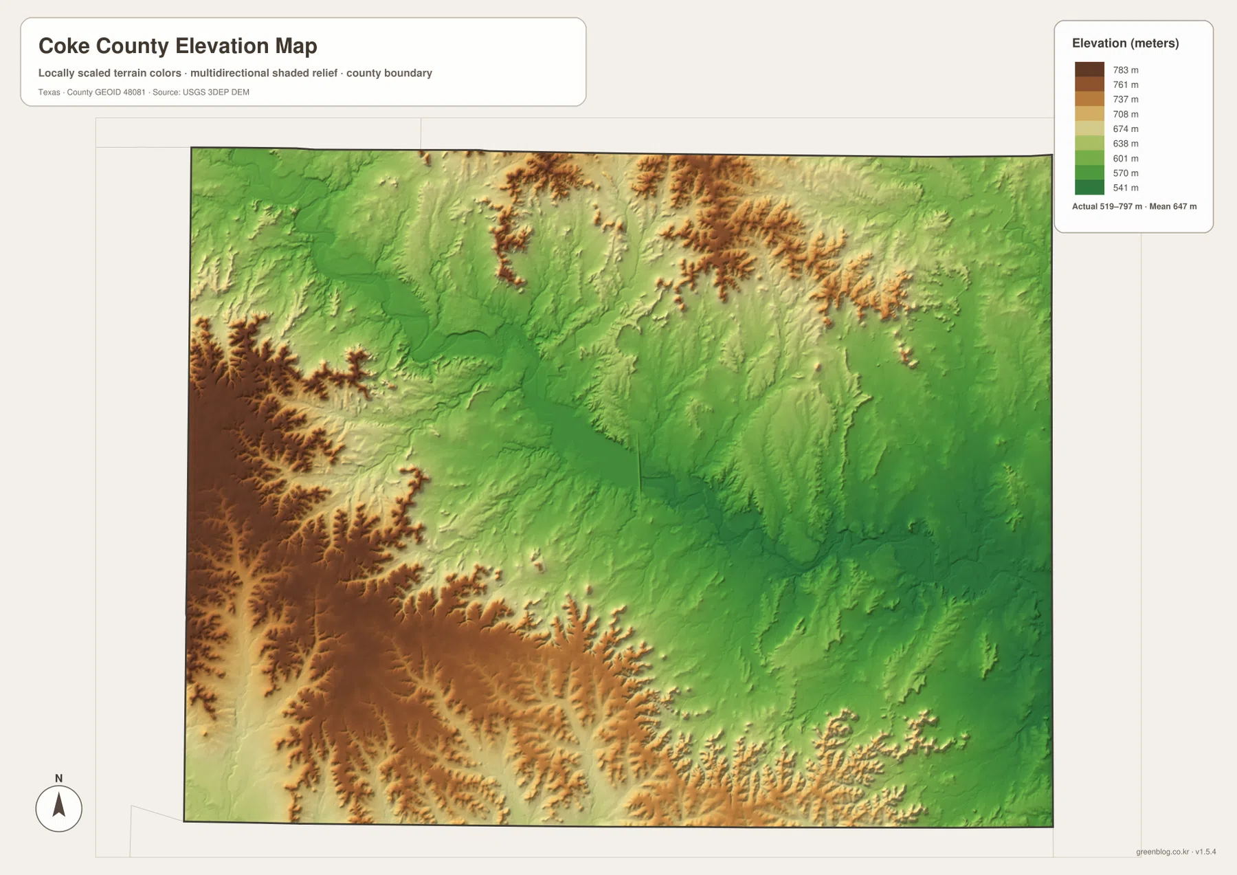 Coke County elevation map showing an actual range of about 519 to 797 meters and a mean near 647 meters