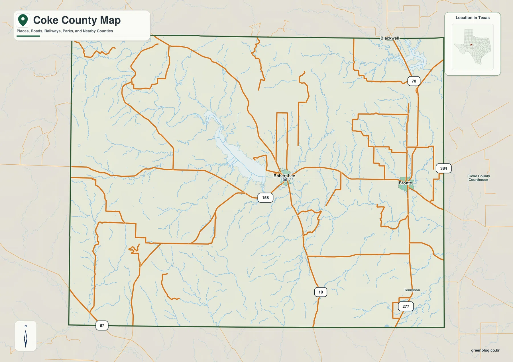 Coke County Texas map showing Robert Lee, Bronte, State Highway 158, roads, streams, and nearby places