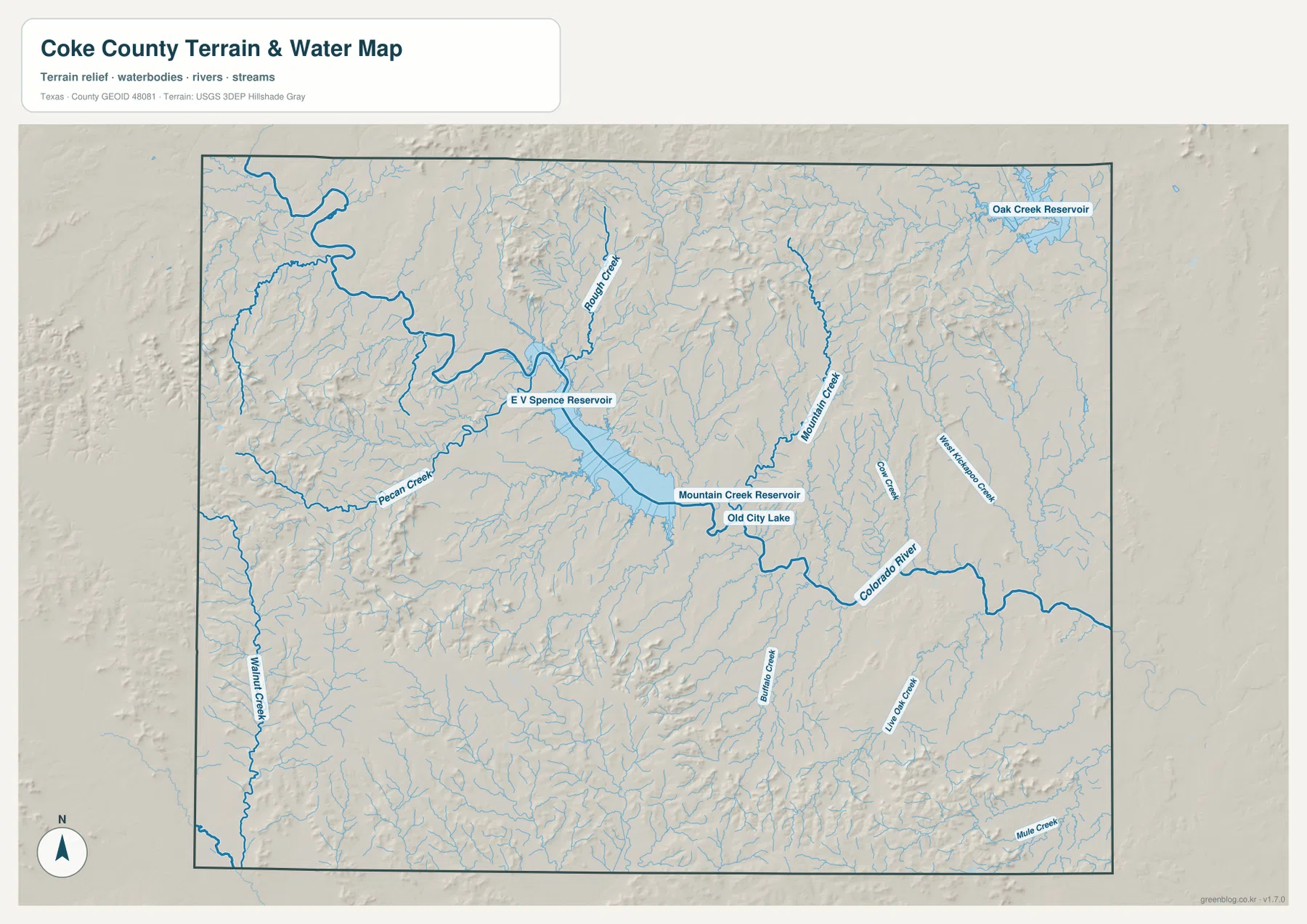 Coke County terrain and water map showing E.V. Spence Reservoir, Colorado River, Rough Creek, Pecan Creek, Mountain Creek Reservoir, and other waterways