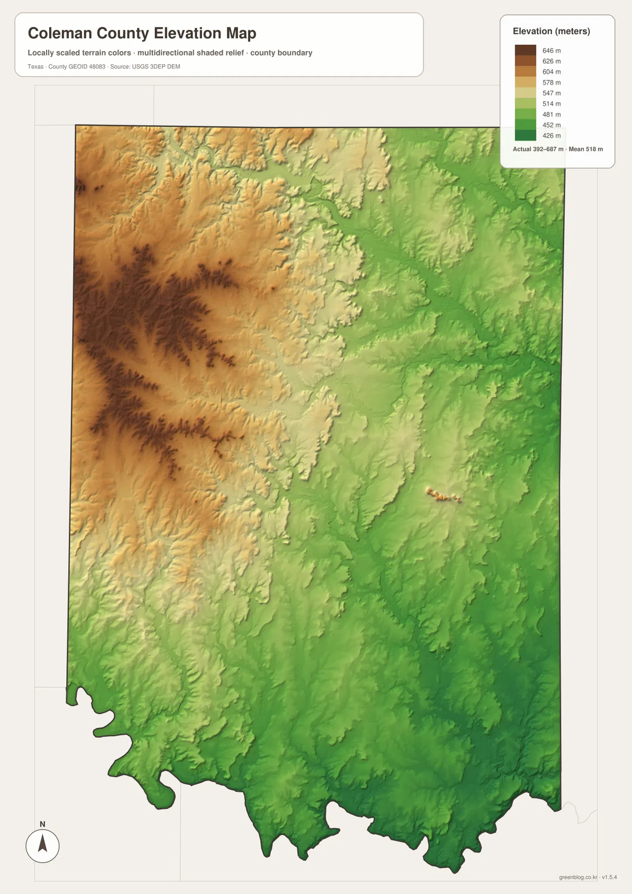 Coleman County elevation map showing an actual range of about 392 to 687 meters and a mean near 518 meters