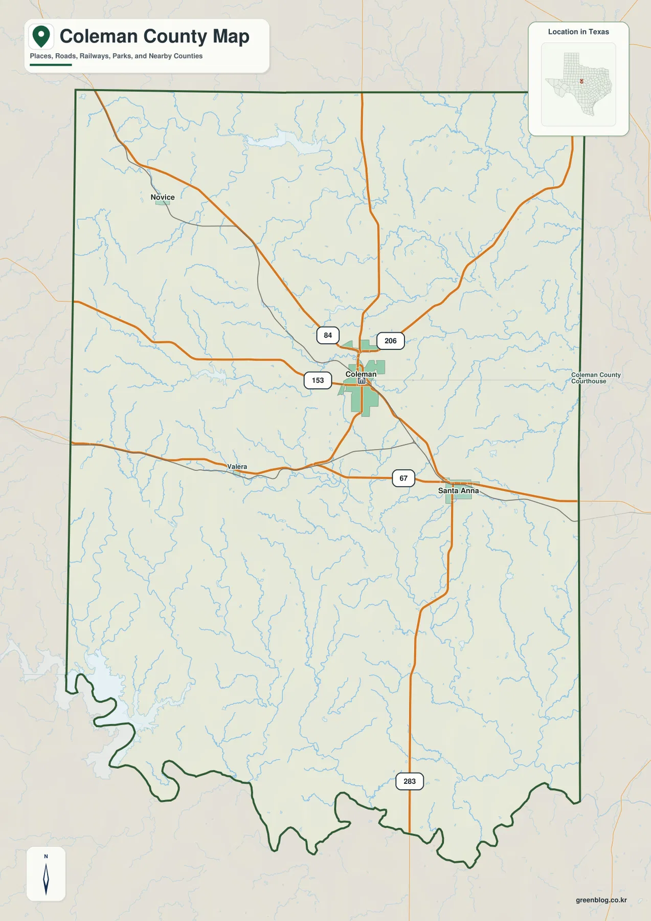 Coleman County Texas map showing Coleman, Santa Anna, Novice, Valera, US 84, routes 153, 206, 67, and 283