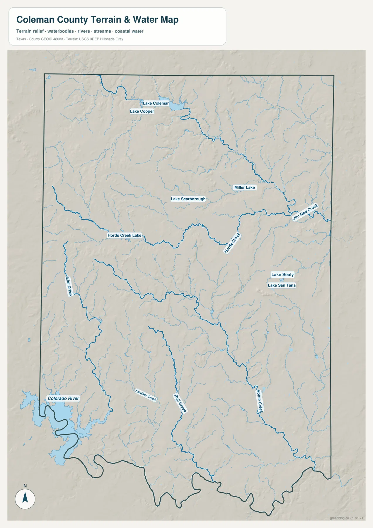 Coleman County terrain and water map showing Hords Creek Lake, Lake Coleman, Colorado River, Jim Ned Creek, and other named waterways