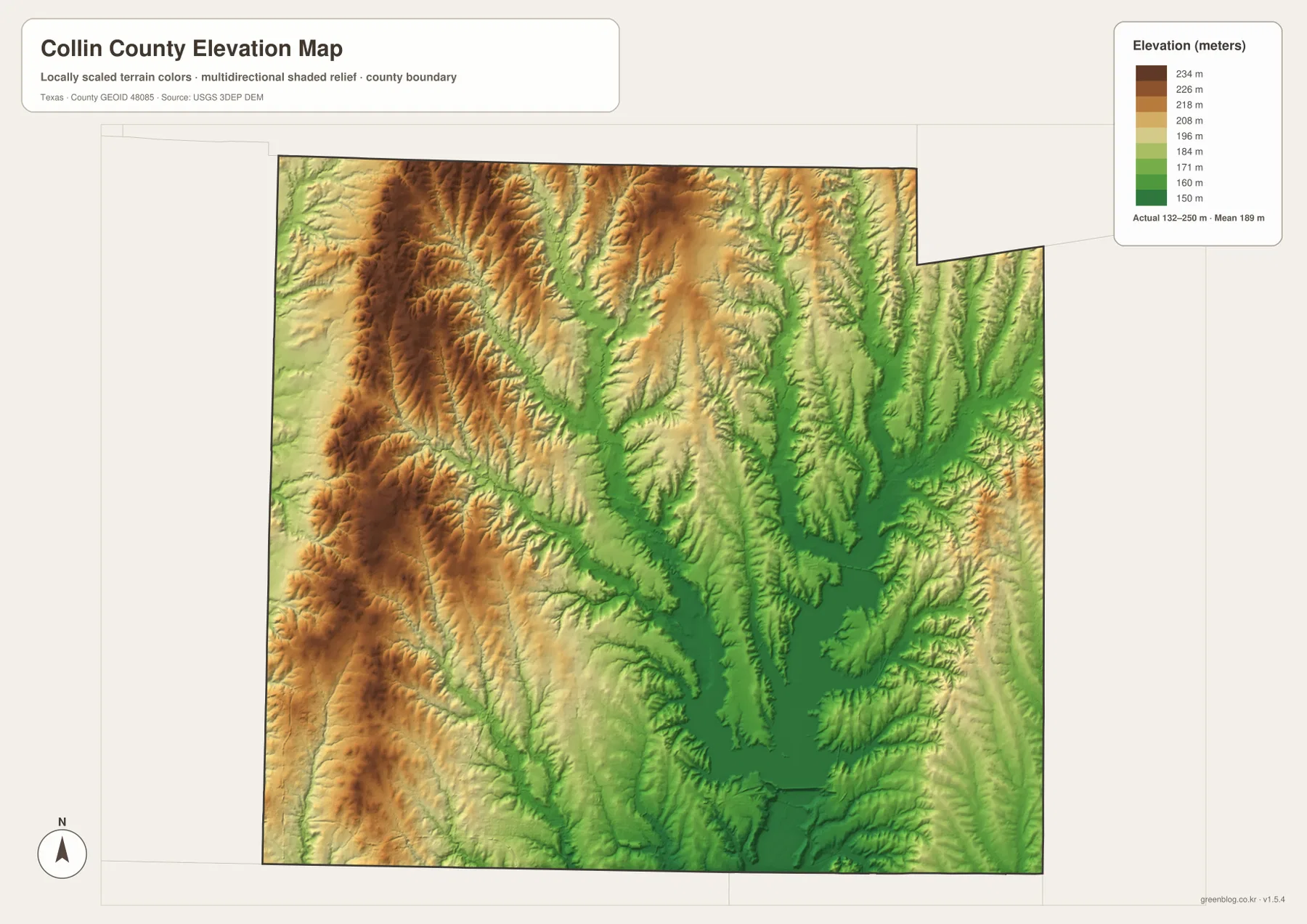 Collin County elevation map showing an actual range of about 132 to 250 meters and a mean near 189 meters