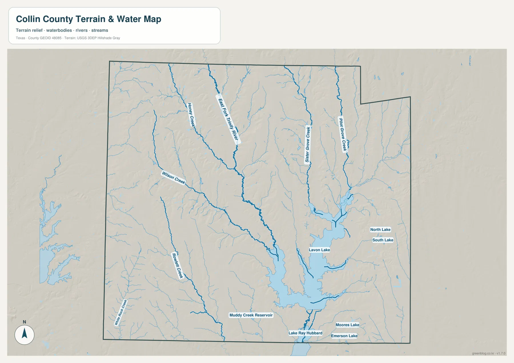 Collin County terrain and water map showing Lavon Lake, East Fork Trinity River, Sister Grove Creek, Pilot Grove Creek, Honey Creek, and smaller lakes
