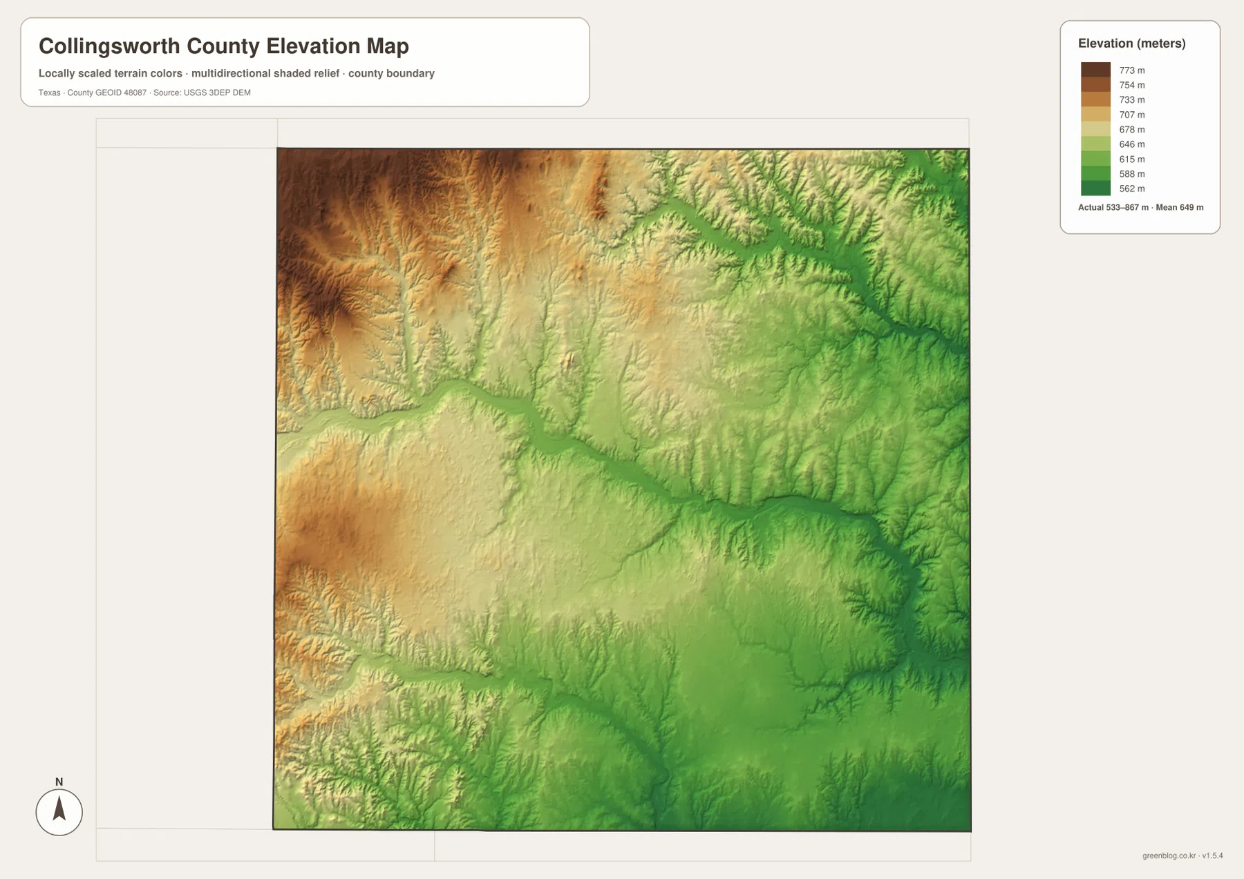 Collingsworth County elevation map showing an actual range of about 533 to 867 meters and a mean near 649 meters