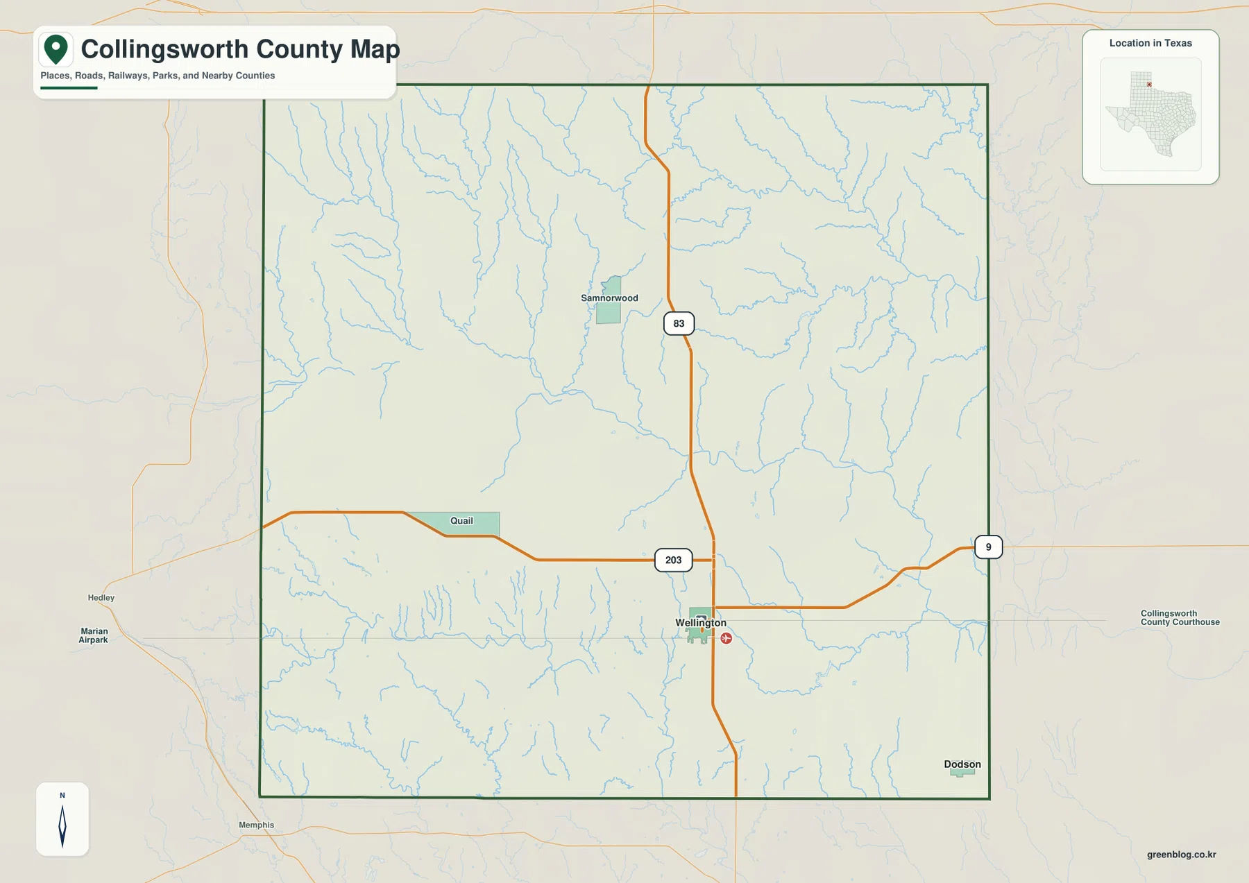 Collingsworth County Texas map showing Wellington, Samnorwood, Quail, Dodson, US 83, State Highway 203, streams, and the county boundary