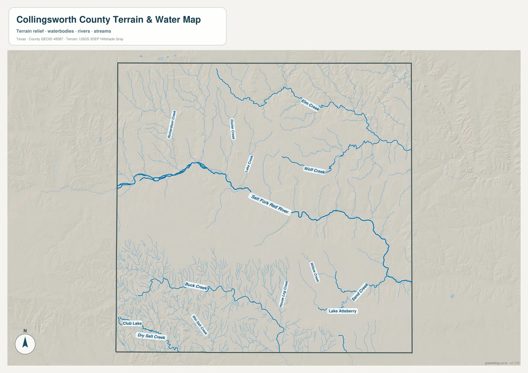 Collingsworth County terrain and water map showing Salt Fork Red River, Elm Creek, Wolf Creek, Buck Creek, Sand Creek, Club Lake, and Lake Atteberry