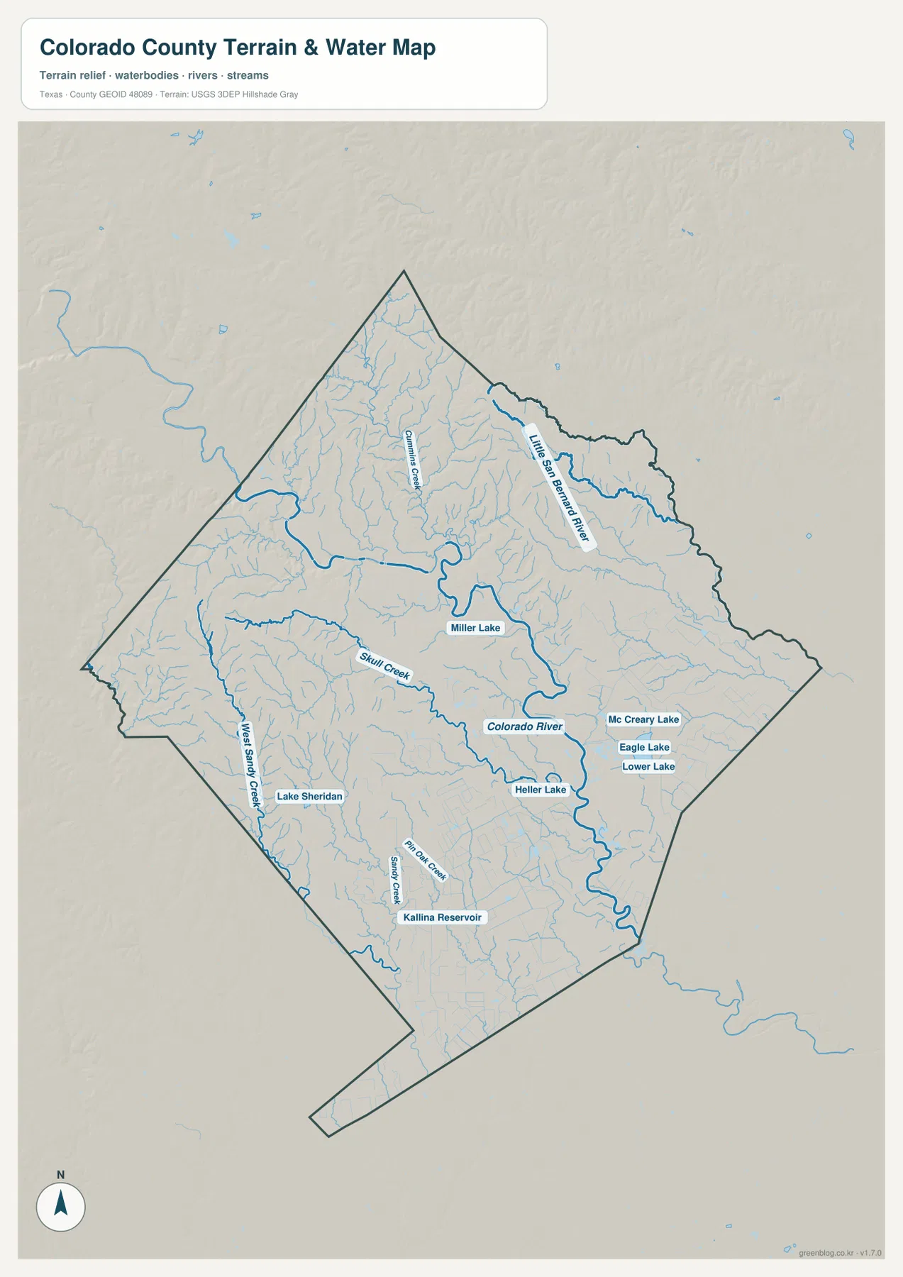 Colorado River, Little San Bernard River, Cummins Creek, Skull Creek, Eagle Lake와 여러 수역을 표시한 콜로라도 카운티 수역 지도