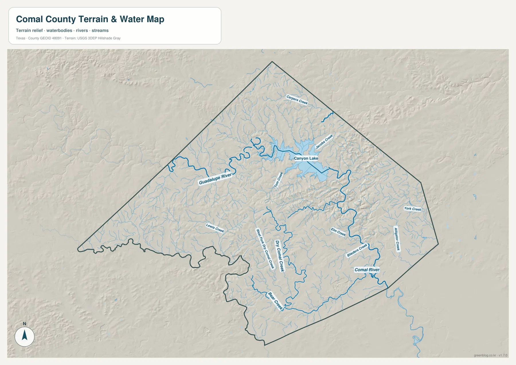 Guadalupe River, Canyon Lake, Comal River, Dry Comal Creek와 여러 지류를 표시한 코멀 카운티 수역 지도