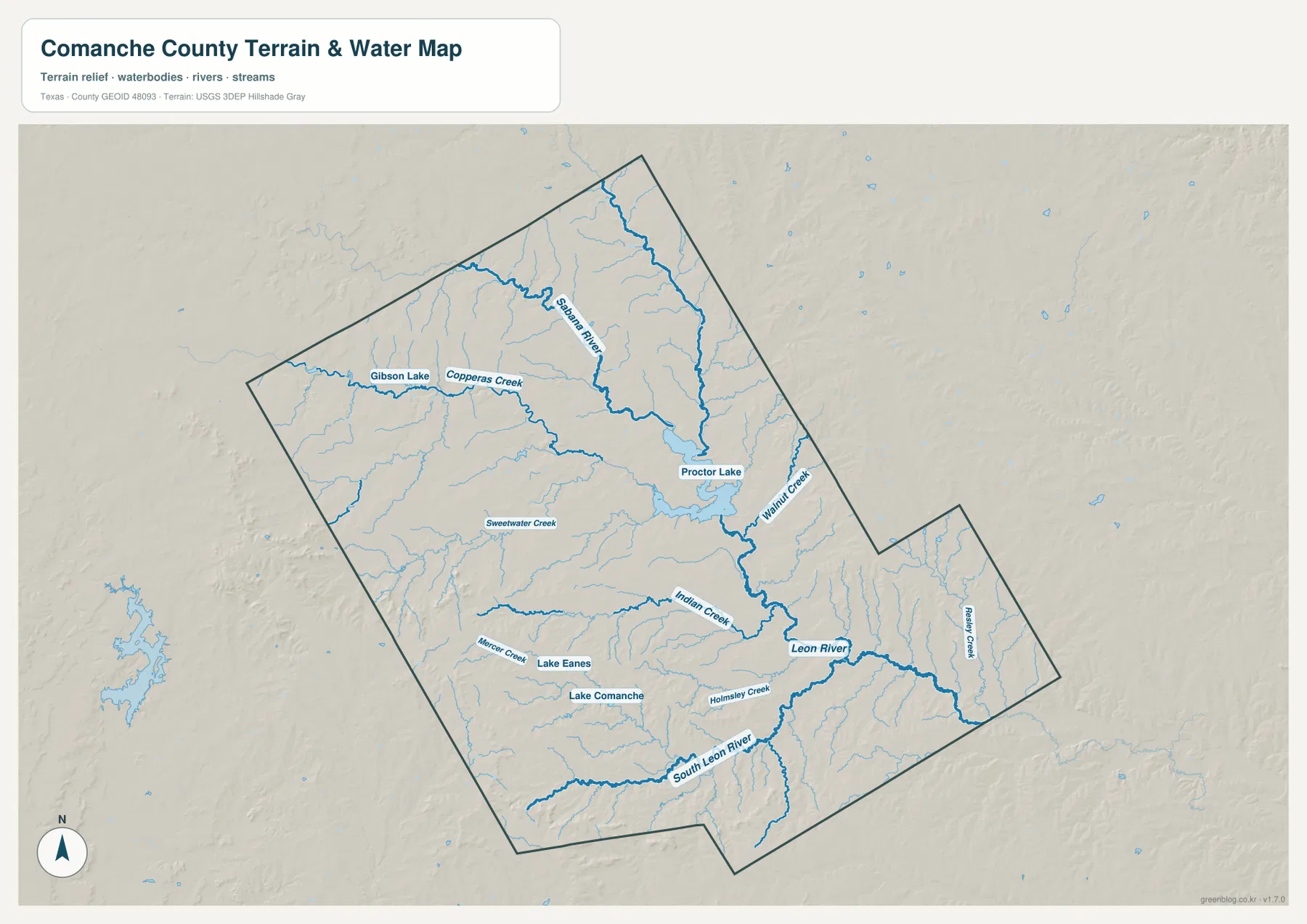 Proctor Lake, Leon River, Sabana River, Copperas Creek, Indian Creek, South Leon River와 여러 호수를 표시한 코만치 카운티 수역 지도