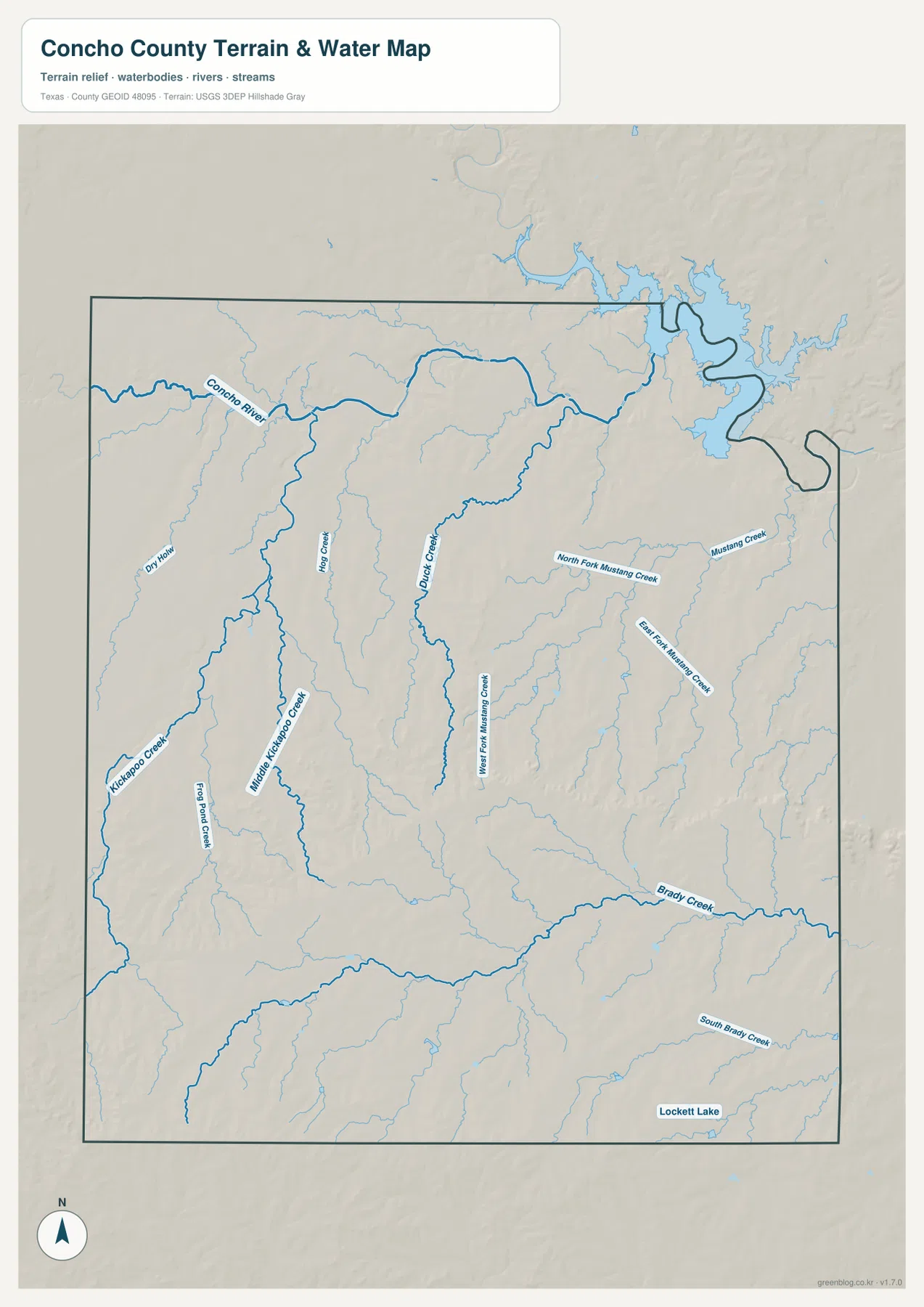Concho River, Kickapoo Creek, Hog Creek, Duck Creek, Mustang Creek, Brady Creek를 표시한 콘초 카운티 수역 지도
